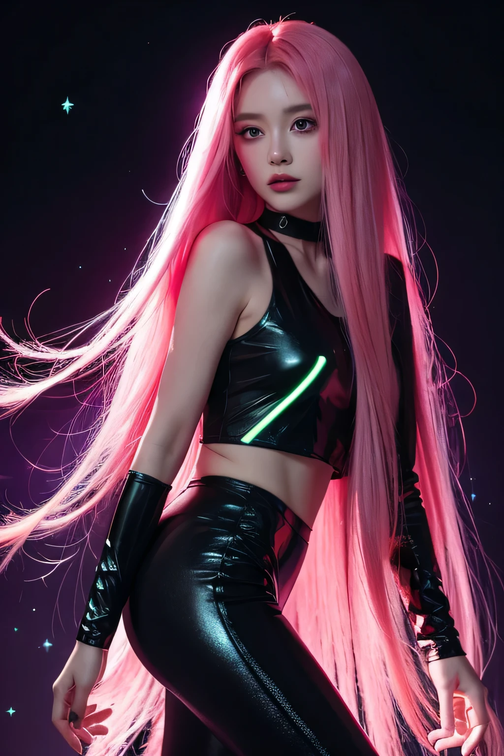 Woman with long pink hair, night, neon, UFO, , Galaxy Background, neon lights, Black clothes with LEDs, 4K