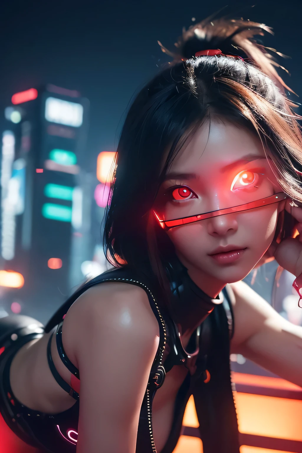 (SFW), Intricate details, 1 Girl, night, (Bright neon colors), ((Flying over the future cyberpunk city)), Detailed background, (Petite Girl, ((Cute perfect face, Bright glowing red eyes)), (Perfect anatomical structure, Petite and lively breasts), (#12: Extra Long Orange and White Ombre Hair, Hair blowing in the wind)), Delicate ribbed bodysuit, Scapula, Mechanical limbs, Dynamic Angle,