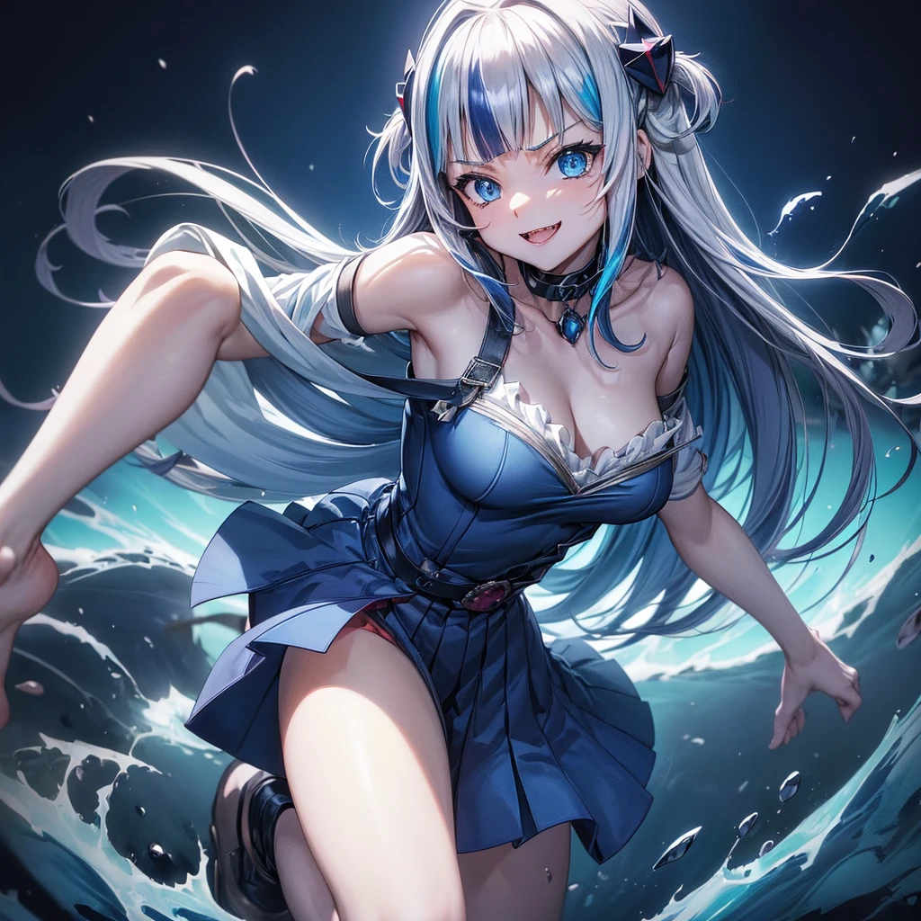 ((best qualityer)),((sorriso dark))((blue long hair)), ((4K)), ((beautiful anime girl and an evil blue aura coming out of her body)), ((anime styling)), bottom currents, Terror, dark, horror movie, darkness