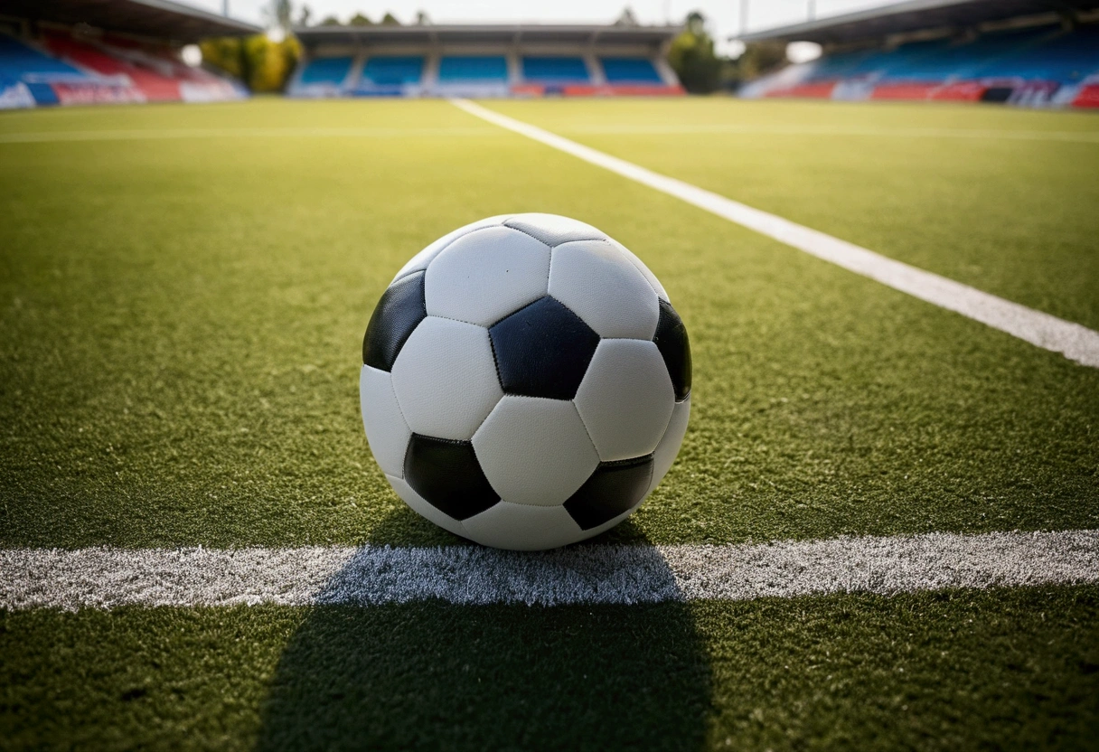 a picture of a soccer ball on the floor, soccer field in the background like in a commercial, soccer field out of focus