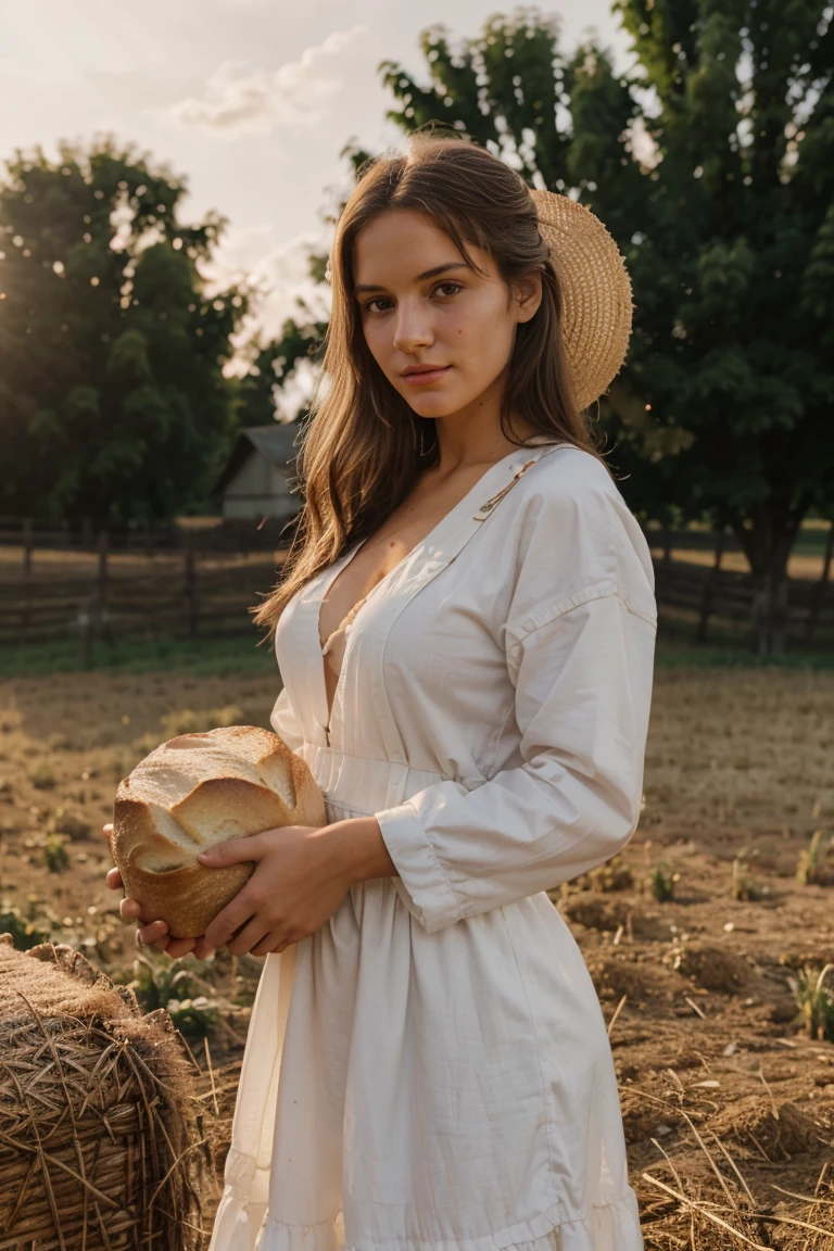 photo of a woman in peasant clothes being sexy, holding a loaf of bread, against the backdrop of a farm with amateur lighting, naturallight, lifelike colors, Focus Clear, extremely detaild,超detailded, high resolution, 4K, high resolution, 4K, hiperealistic