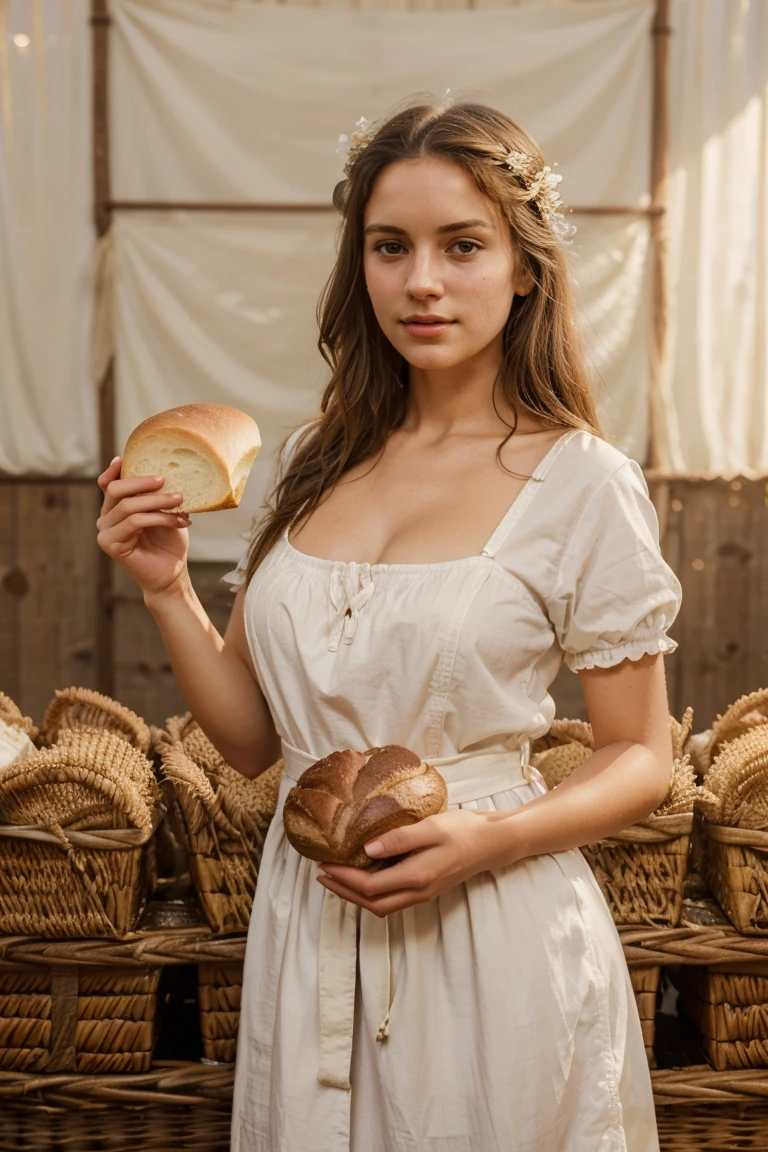 photo of a woman in peasant clothes being sexy, holding a loaf of bread, against the backdrop of a farm with amateur lighting, naturallight, lifelike colors, Focus Clear, extremely detaild,超detailded, high resolution, 4K, high resolution, 4K, hiperealistic