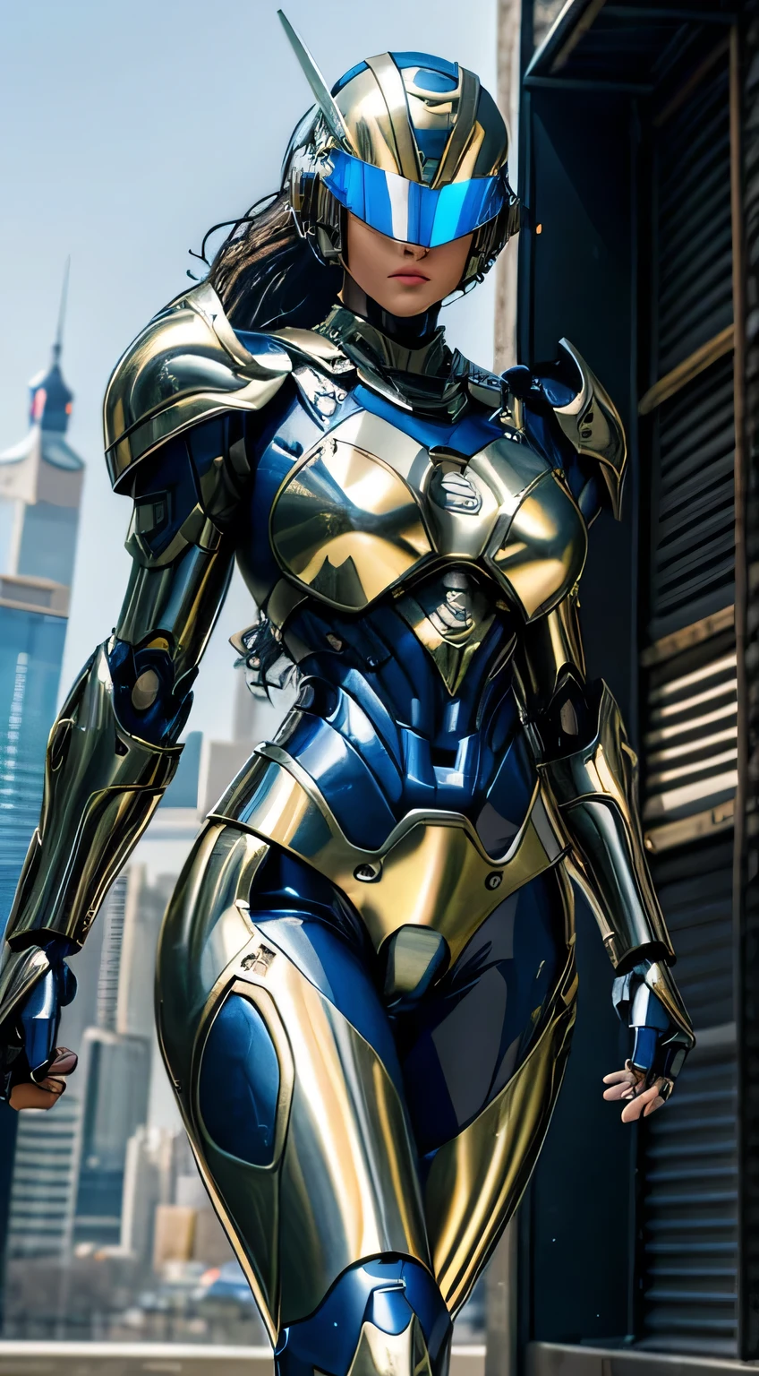 Female Robocop Solo、Bright outdoors、strong light source、8k, high quality, masterpiece, 最high quality, Crisp contrast、Very detailed、Full body armor、Very large armor、Helmet covering the head、Clear photos、The eyes are hidden by thin, translucent straight goggles.:1.3、The lower half of the face is raw々Shii:1.5、The lower half of the face is exposed、Seductive lips、Navy blue metallic armor、Cream-colored accents、Armor that completely covers the chest、Long, slender legs、Vibrant Posselo Body View,Big and ample breasts:1.5, (Sports Body:1.5)、Five Fingers、Hold a handgun、In the city