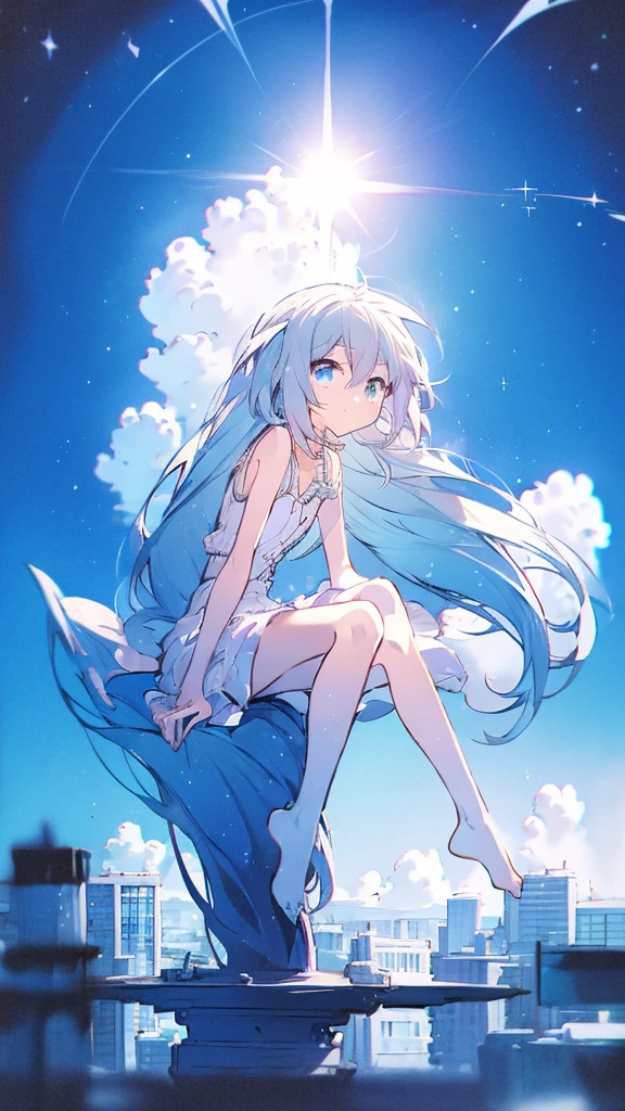 Seven-doppelganger shot，Anime style 4K,High quality anime art style，Standing painting，Splash ink background，Blue Themes、Pure white background,Buildings,Face close-up,Buildings,Moon and sun、Shining Star々,milky way,Bright Sky,Looking at me,Facing forward,Clear eyes and nose,cute,beautiful,Thin legs,sitting by the water, black hair, Blue eyes, girl, bob, front, cute,Blue Background,Long Hair,Whale flying in the blue sky,Buildings