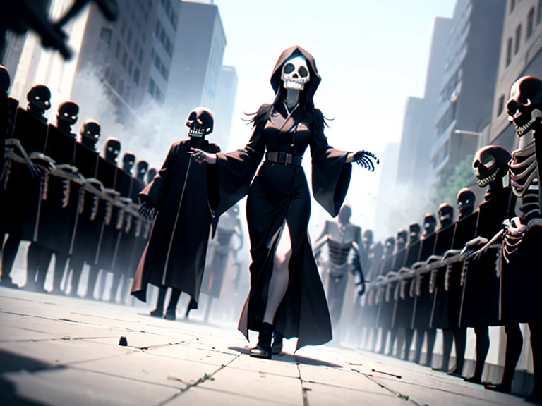 diagonal angle, ground level shot, low level shot, low angle, dutch angle. army of skeletons in robes marching eerily towards hurt girl fallen on the ground, girl facing crowd of skeletons, three-point perspective, cinematic