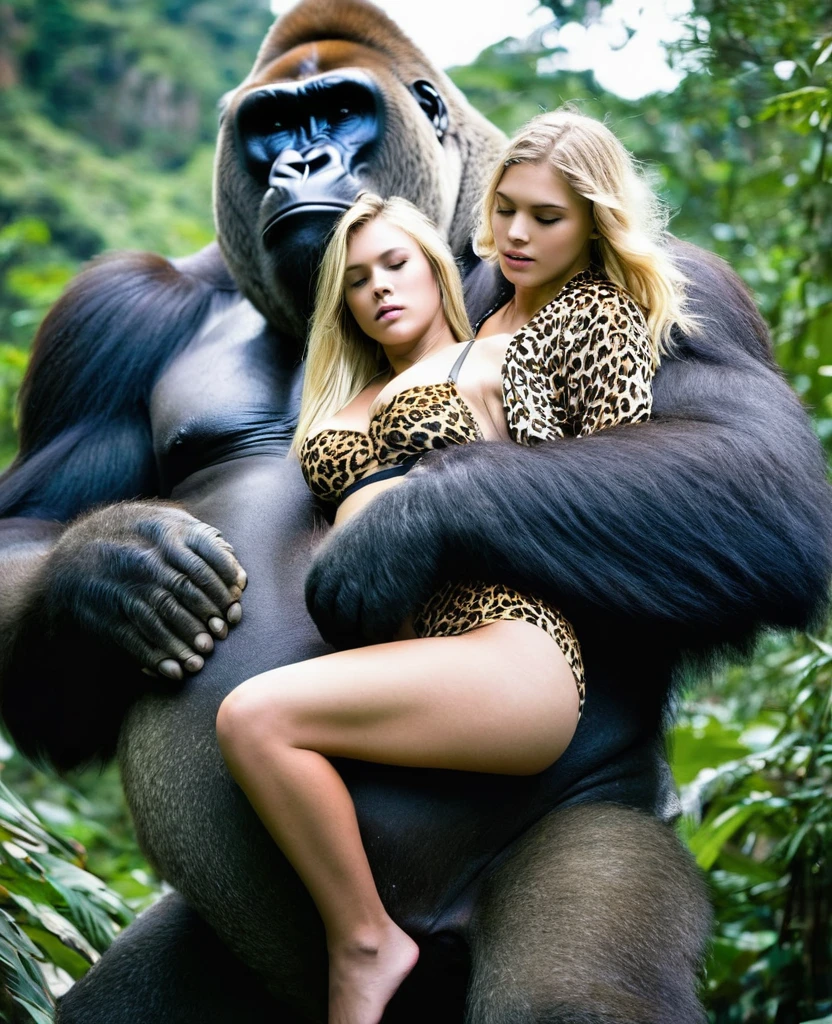 A Limp fainted sleepy topless blonde leopard thong teen girl being carried by giant gorilla in his arms cradling her nsfw