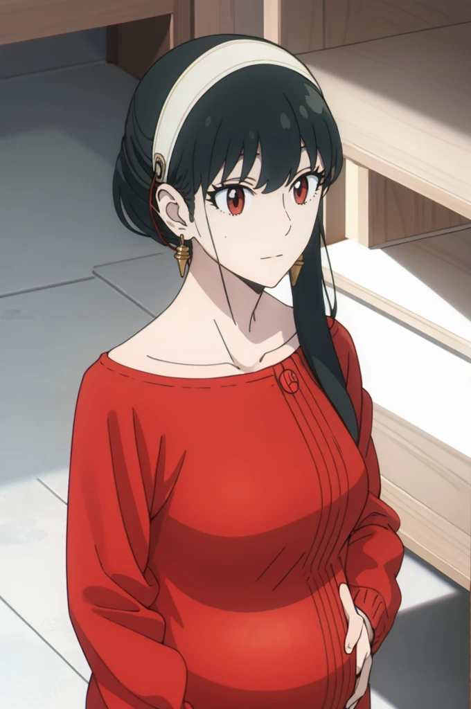 { - anatomy error} (Masterpiece, Best Quality) (masterpiece:1.4),(best quality:1.4) best quality, masterpiece, highres, solo, {yor_briar_spyxfamily:1.15}, black_hair, hairband, red eyes, sidelocks, white_hairband, jewelry, earrings, bangs, long_hair, 1girl, collarbone, closed_mouth, red_sweater, sweater, backwards, full body, dinamic poses, looking at camera, smile, pregnant belly
