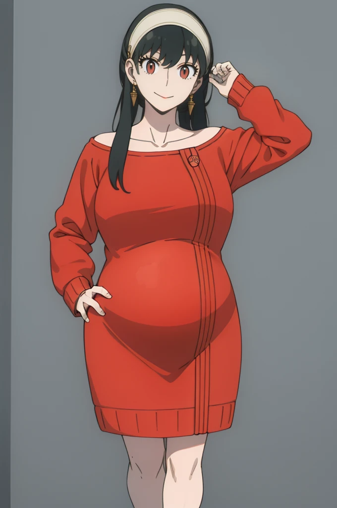 { - anatomy error} (Masterpiece, Best Quality) (masterpiece:1.4),(best quality:1.4) best quality, masterpiece, highres, solo, {yor_briar_spyxfamily:1.15}, black_hair, hairband, red eyes, sidelocks, white_hairband, jewelry, earrings, bangs, long_hair, 1girl, collarbone, closed_mouth, red_sweater, sweater, backwards, full body, dinamic poses, looking at camera, smile, pregnant belly