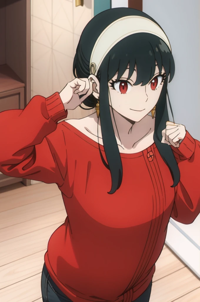 { - anatomy error} (Masterpiece, Best Quality) (masterpiece:1.4),(best quality:1.4) best quality, masterpiece, highres, solo, {yor_briar_spyxfamily:1.15}, black_hair, hairband, red eyes, sidelocks, white_hairband, jewelry, earrings, bangs, long_hair, 1girl, collarbone, closed_mouth, red_sweater, sweater, backwards,  full body, dinamic poses, looking at camera, smile, pregnant belly
