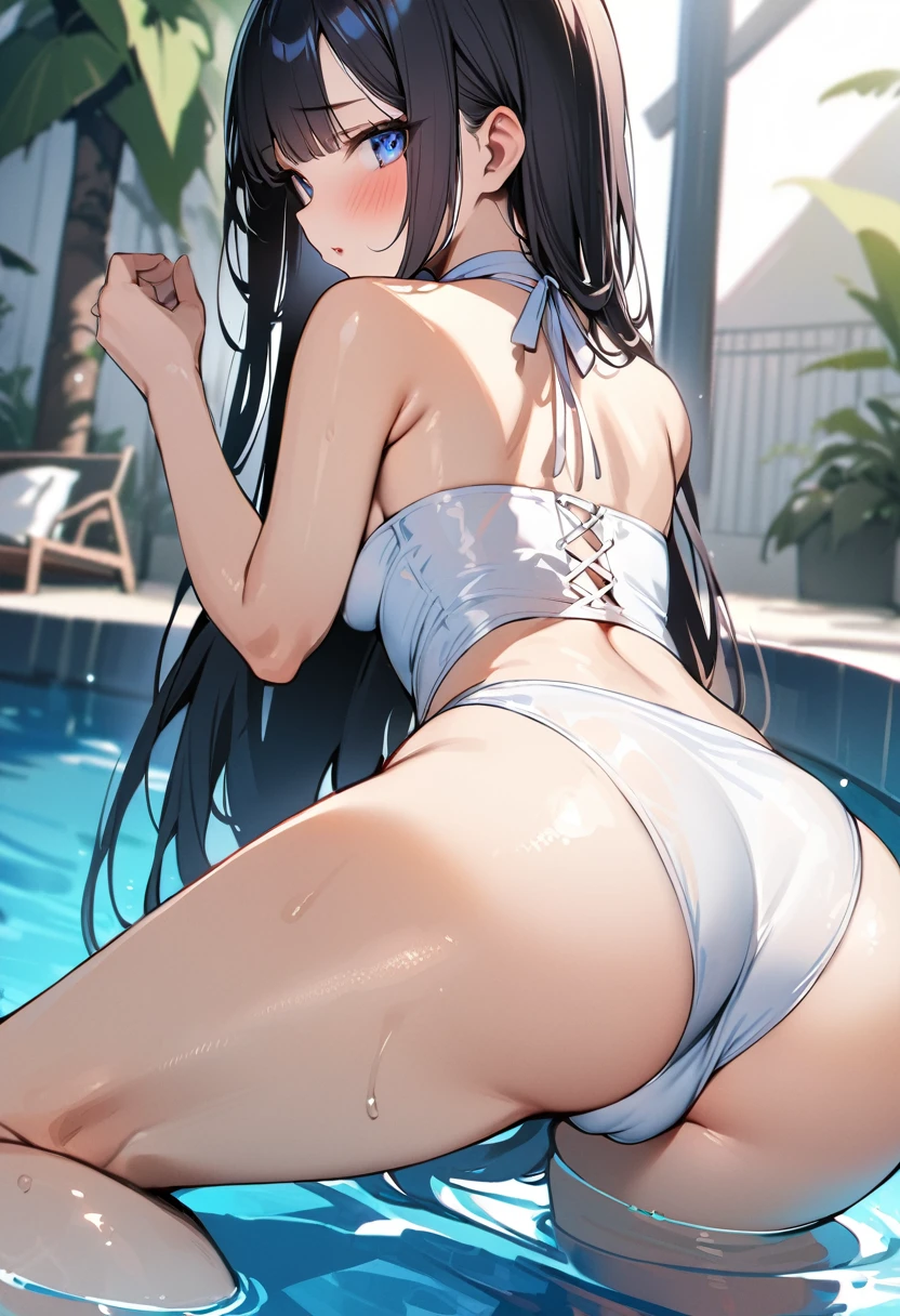 1 girl, long hair, black hair, straight hair, short bangs above brows, blue eyes, looking back, embarrassed, blush,  
BREAK (masterpiece), (high resolution 8K), detailed eyes and face, detailed body, 
BREAK  an elegant white halter neck swim suit,
BREAK  (ass focus, booty pose, from bellow:1.2), poolside, seductive posing,