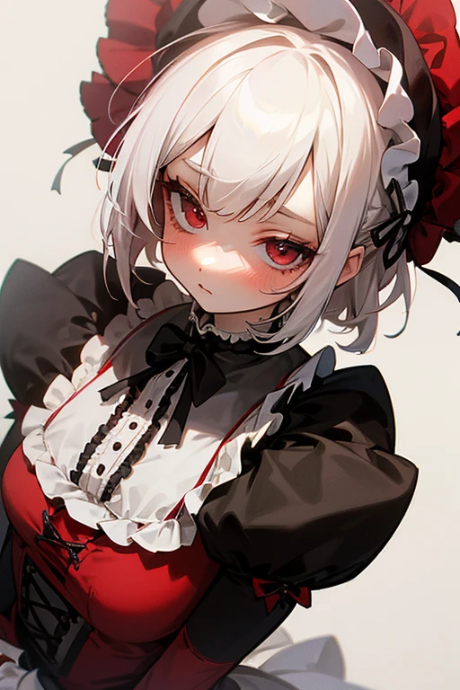 Short white hair, blush, Gothic Lolita、Punk Fashion、Headbang 2.、Red clothes、Elegant Lolita、Victorian Maiden、(White-based clothing)