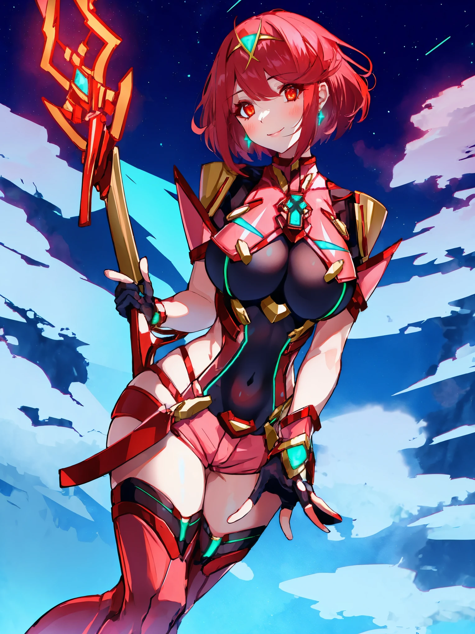 pyra \(xenoblade\), young__1girl, armor, bangs, black gloves, bread eyes, closed mouth, earrings, eyelashes, fingerless gloves, floating hair, framed breasts, gees, hair ornament, headpiece, jewelry, big_breasts, leaning botard, neon trim, official art, pose, red hair, red shorts, saitou masatsugu, short hair, short shorts, short sleeves, shorts, sidelocks, skin tight, solo, standing, swept bangs, thighhighs, tiara, night_prairie_background, turtleneck, underbust, vambraces, xenoblade chronicles \(series\), (xenoblade chronicles 2), apart_legs, fire_effect,dynamic_pose_fighting,light_smile, (plump:1.1), big_ass,huge_sword, hold_largword_hilt, solo, covered_nipples, covered_pussy,