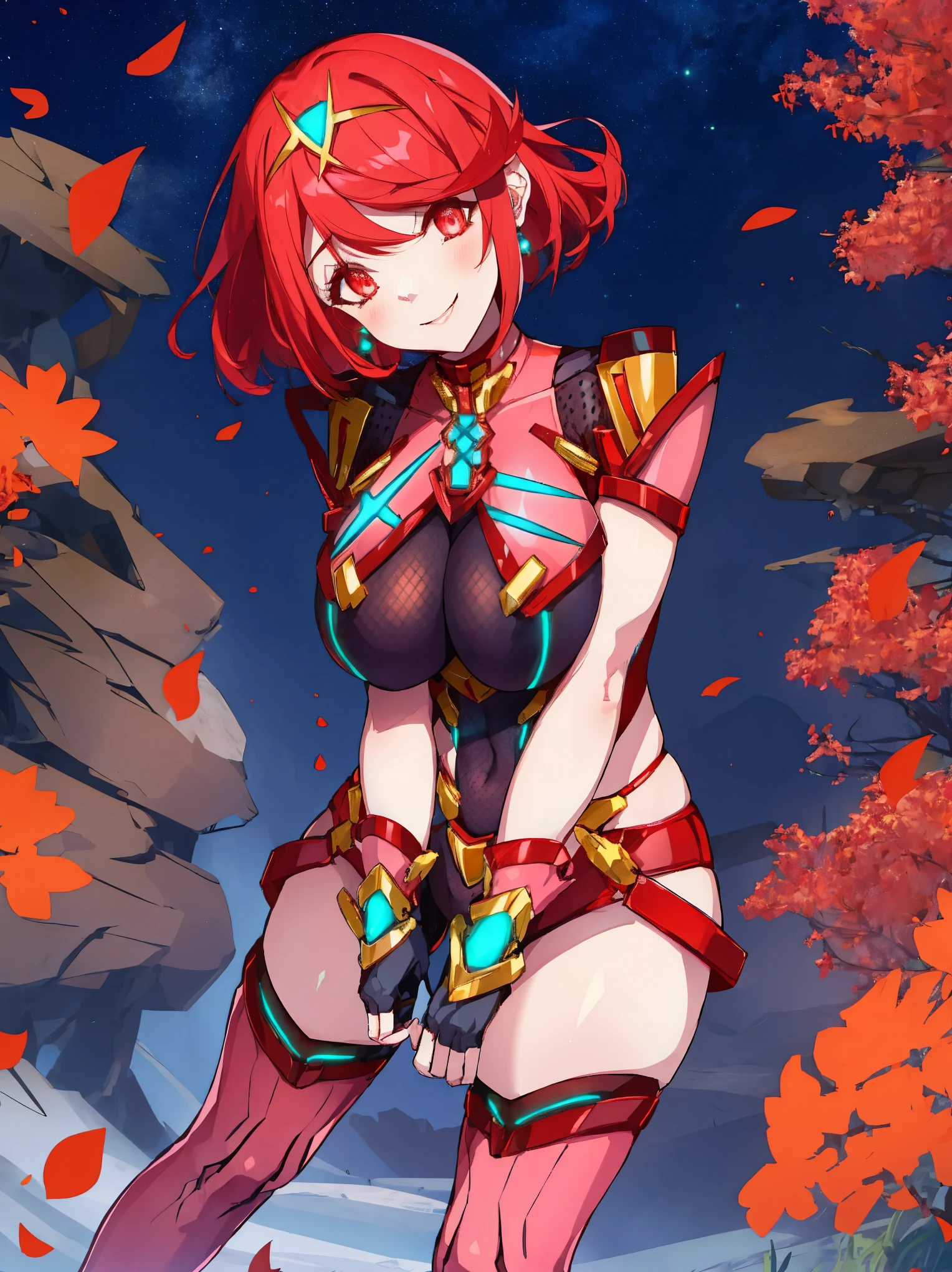 pyra \(xenoblade\), young_teen_1girl, armor, bangs, black gloves, breasts, red eyes, closed mouth, earrings, eyelashes, fingerless gloves, floating hair, framed breasts, gem, gloves, hair ornament, headpiece, jewelry, big_breasts, leaning back, leotard, neon trim, official art, pose, red hair, red shorts, saitou masatsugu, short hair, short shorts, short sleeves, shorts, sidelocks, skin tight, solo, standing, swept bangs, thighhighs, tiara, night_prairie_background, turtleneck, underbust, vambraces, xenoblade chronicles \(series\), (xenoblade chronicles 2), apart_legs, fire_effect,dynamic_pose_fighting,light_smile, (plump:1.1), big_ass,huge_sword, hold_large_sword_hilt, solo, covered_nipples, covered_pussy,