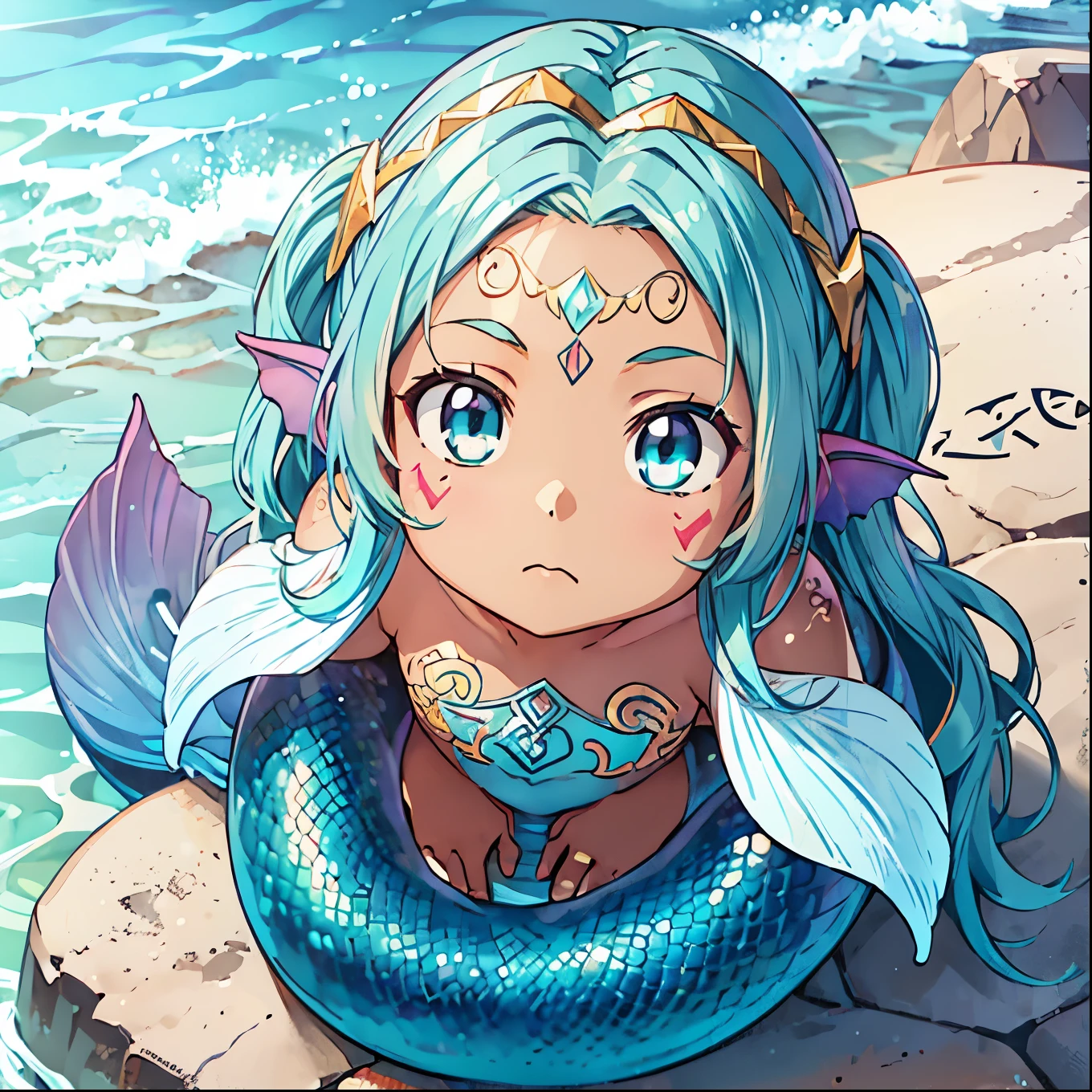  Mermaid Girl sitting in a seashell, ((((DARK SKIN)))) ((Long OMBRE MULTICOLOR HAIR)), Teal Hair Mixed With Brown Hair, MERMAID TAIL, Rune Tattoos, (Gold Circlet), (((EAR FINS)))