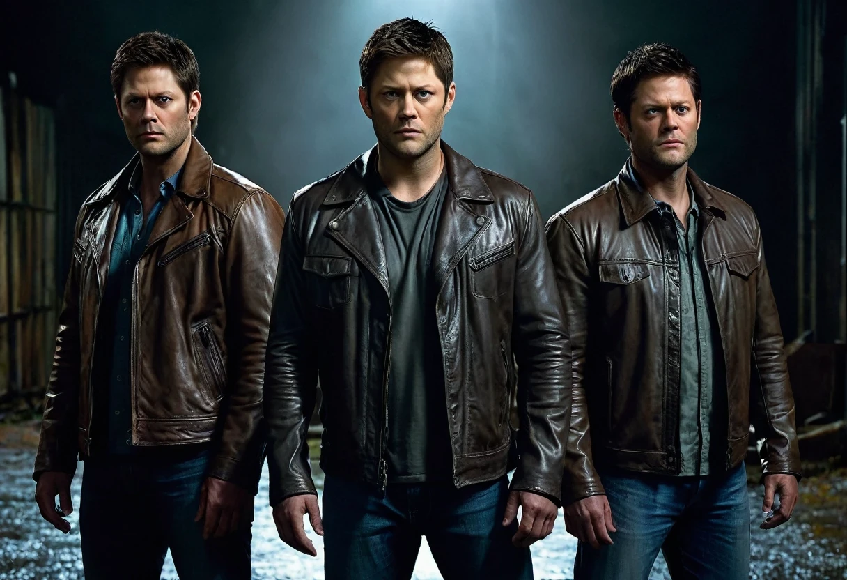 (best quality,4k,highres:1.2),ultra-detailed, realistic, professional, 3 characters from the Supernatural series, (Jensen Ackles as Dean Winchester), (Jared Padalecki as Sam Winchester), (Misha Collins as Castiel), staring forward, full body, serious expressions,portrait,gritty,dark and moody lighting,sharp focus,detailed facial features,expressive eyes,tough-looking,facial hair,leather jackets,serious demeanor,intense gazes,muscular build,dramatic atmosphere,epic scene,menacing background,ominous mood,cinematic style,naturalistic color palette.