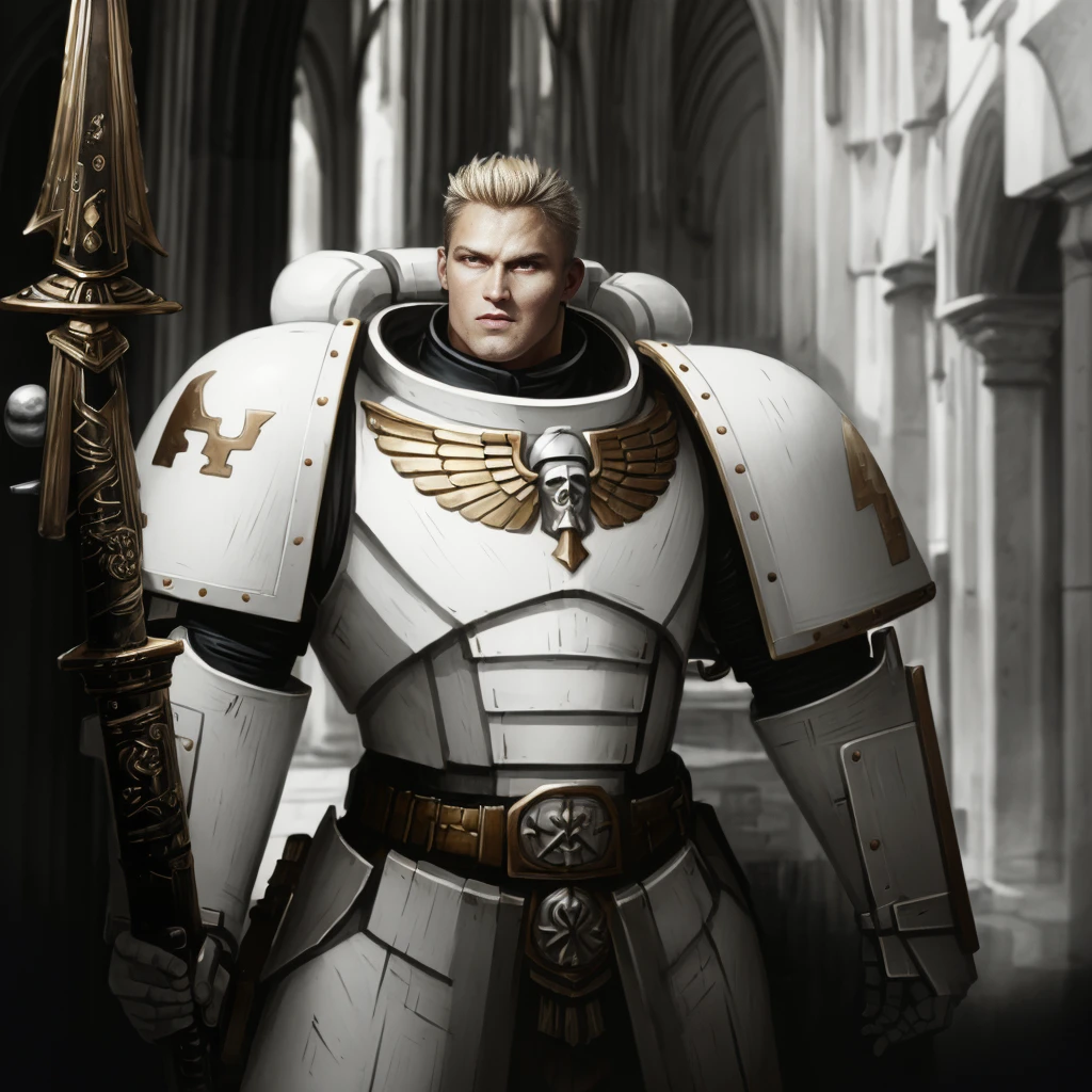 portrait of (Garviel Loken:1.1), wearing (white armor:1.3), holding weapon, (mace:1.2) young male, attractive, handsome face, short hail (blonde:1.1), textured skin, detailed pupils, realistic dull skin noise, visible skin detail, skin fuzz, dry skin, (looking far:1.3) indoors, bright lighting, gothic cathedral in the blurry background, epic lighting, ambient lighting, warhammer 40k, High Detail, film photography, RAW candid cinema, 16mm, Hyperdetailed, analog style, detailed skin, matte skin, soft lighting, subsurface scattering, high quality, highres, absurdres, best quality, full body, torso, upper body