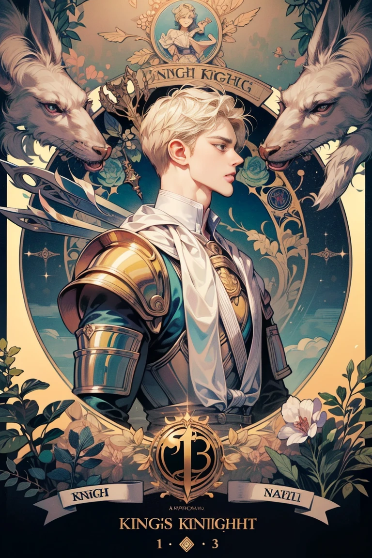 (unorganized, high resolution, super detailed), 1 man, adult, good looking, tall and muscular man, large shoulders, small eyes and small face, Knights \Tarot\, Royal Knight, armor, sword, Symbolism, Visual art, hidden, CBI, Vision casting, philosophical, iconography, arcane number, Popularity, artistic, Alphonse Mucha