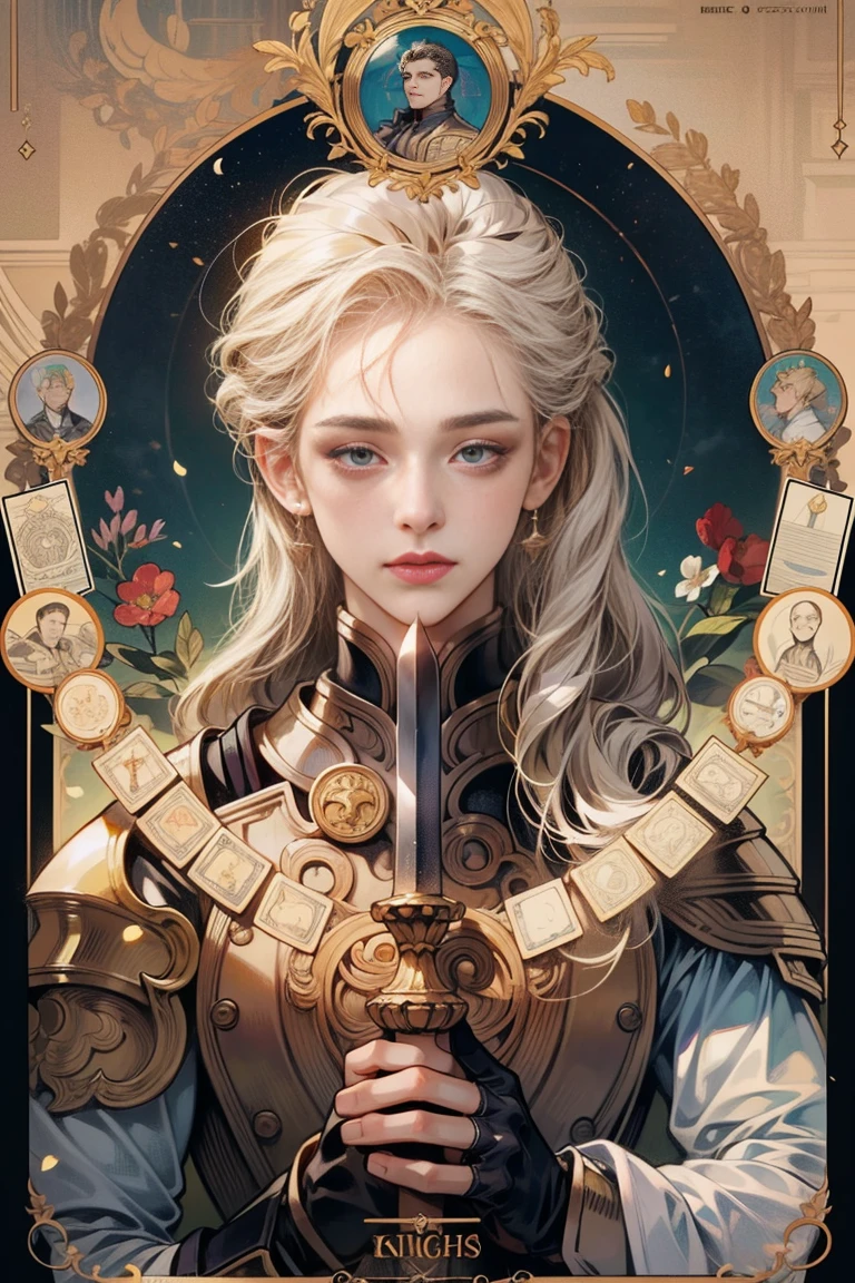 (unorganized, high resolution, super detailed), 1 man, adult, good looking, tall and muscular man, large shoulders, small eyes and small face, Knights \Tarot\, Royal Knight, armor, sword, Symbolism, Visual art, hidden, CBI, Vision casting, philosophical, iconography, arcane number, Popularity, artistic, Alphonse Mucha