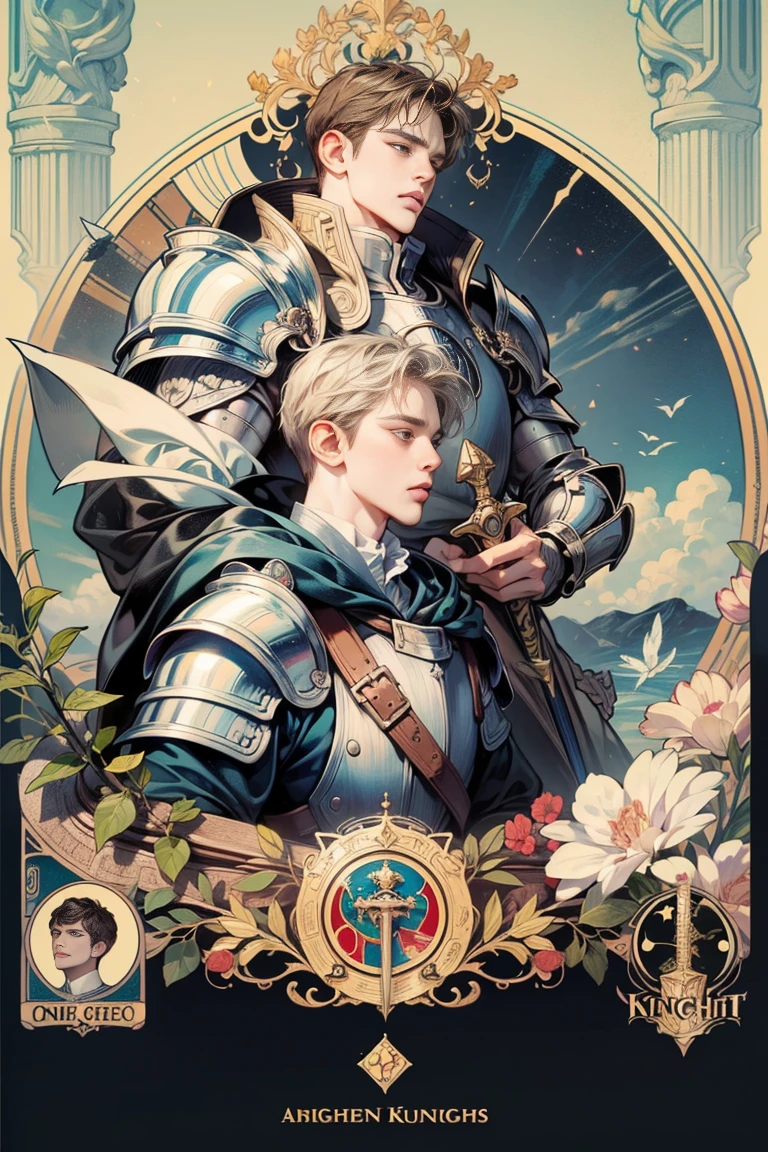 (unorganized, high resolution, super detailed), 1 man, adult, good looking, tall and muscular man, large shoulders, small eyes and small face, Knights \Tarot\, Royal Knight, armor, sword, Symbolism, Visual art, hidden, CBI, Vision casting, philosophical, iconography, arcane number, Popularity, artistic, Alphonse Mucha