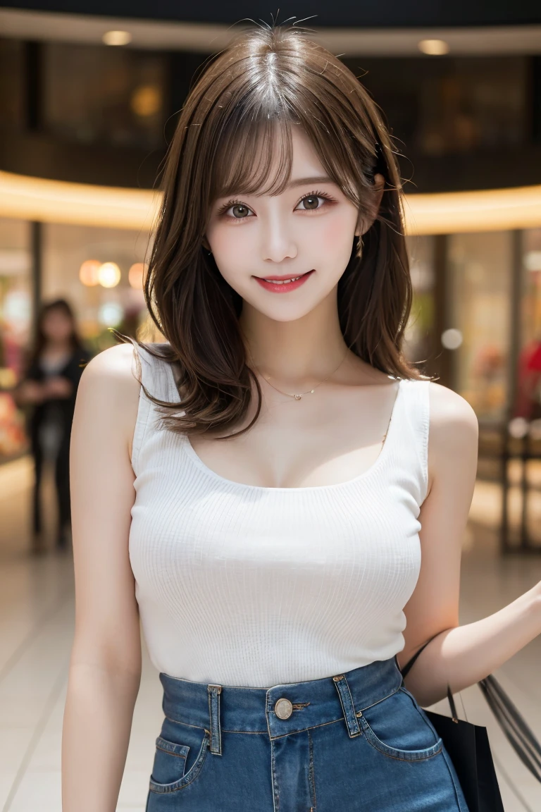 Shopping mall , Highest quality, shape, Very detailed, In detail, High resolution, 8k wallpaper, Perfect dynamic composition, Beautiful details,  Natural Lip, Too cute outfit, Big Breasts, , She is smiling in a cute pose.., A masterpiece of the whole body, Side Short