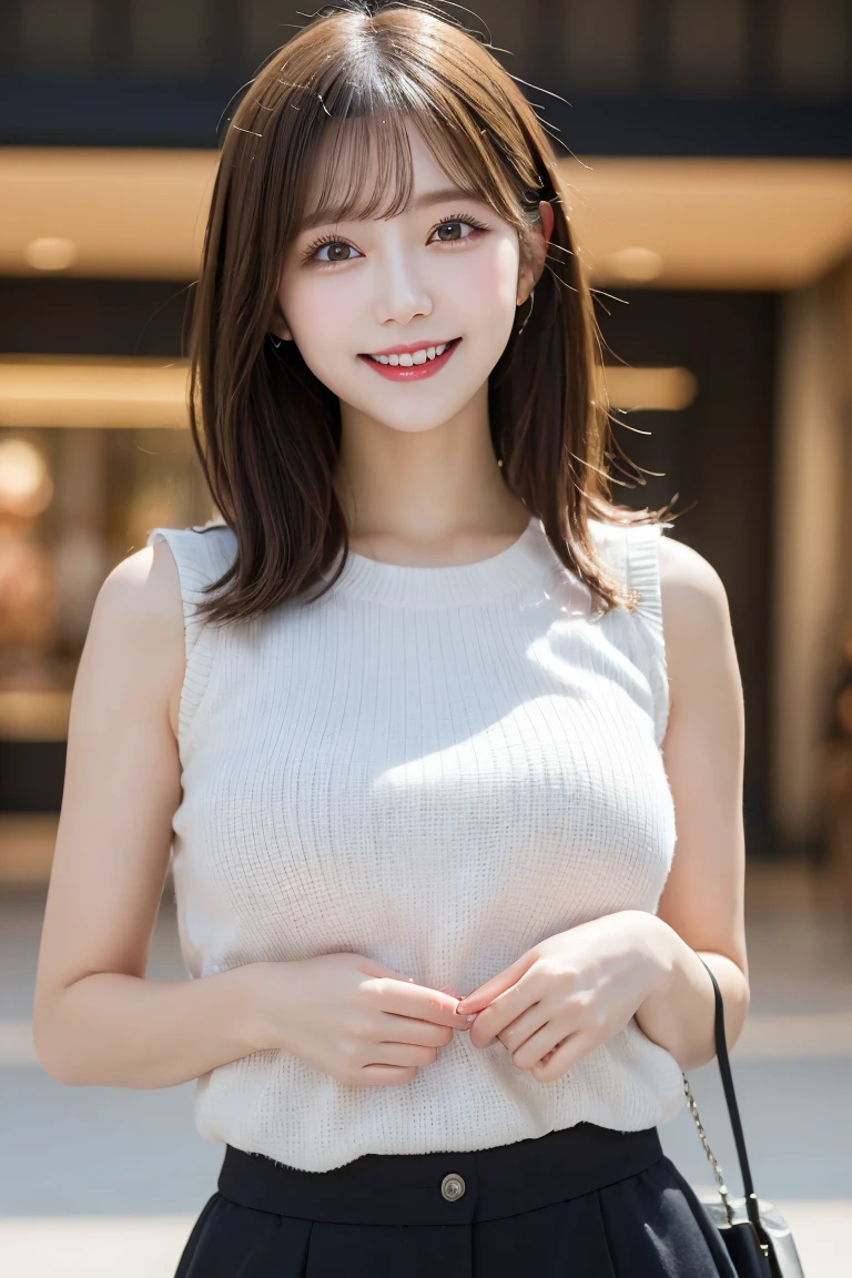 Tabletop, Highest quality, Photorealistic, In detail, High resolution, 8k wallpaper, Perfect dynamic composition, Beautiful attention to detail, Medium Hair, Big ample breasts, Random sexy poses,Put your chest together、(Extra Small Mock Neck Crop Tank Top White Knitwear)、(Breast Swelling 1.2)、Laughter、Open your mouth、Resort scenery、23 years old、(Droopy Eyes 1.4)、Adult Beauty、Japanese