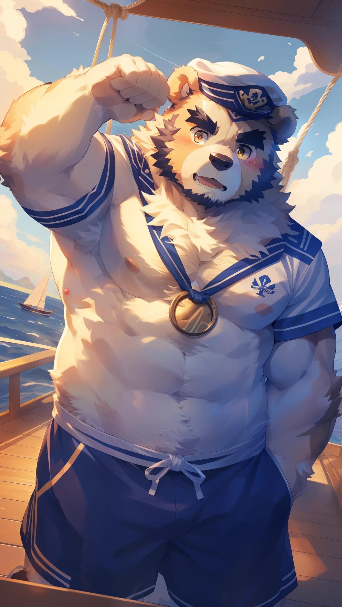 (Vision:1.5), solitary, anthropology, hairy, hairy male, Bear, ((Fluffy fur, Fluffy, hairy body)), (bear print), (Thick eyebrows), youth, muscular, pectoralis major, White fur, Golden pupils, defaced face, fundos, sailor, 蓝白条纹sailor服, White beret, On board, Sailing, sideways, Shy expression, blush, (Dynamic poses:1.5), Clear facial features, Strong, majestic, alone, panoramic, Fog atmosphere, early morning, Tyndall Light Effect, On deck, early morning的阳光, (By Empty Ghost, From bear20, masterpiece, high quality, high resolution,8k)