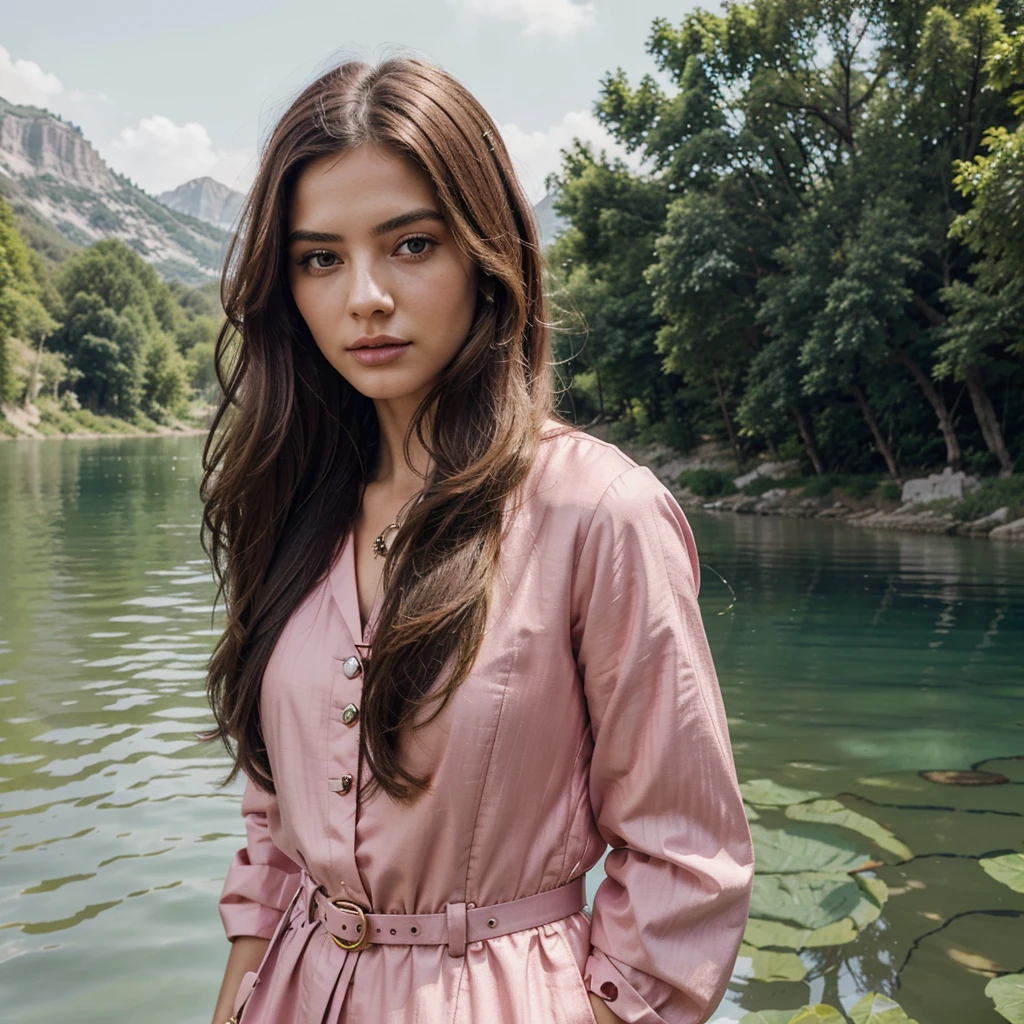 Generate me one of the most beautiful women in the world ,with a beautiful long haircut ,a very original and very detailed face, a magnificent pink outfit from the Prada brand as well as magnificent Prada jewelry all in a lake background