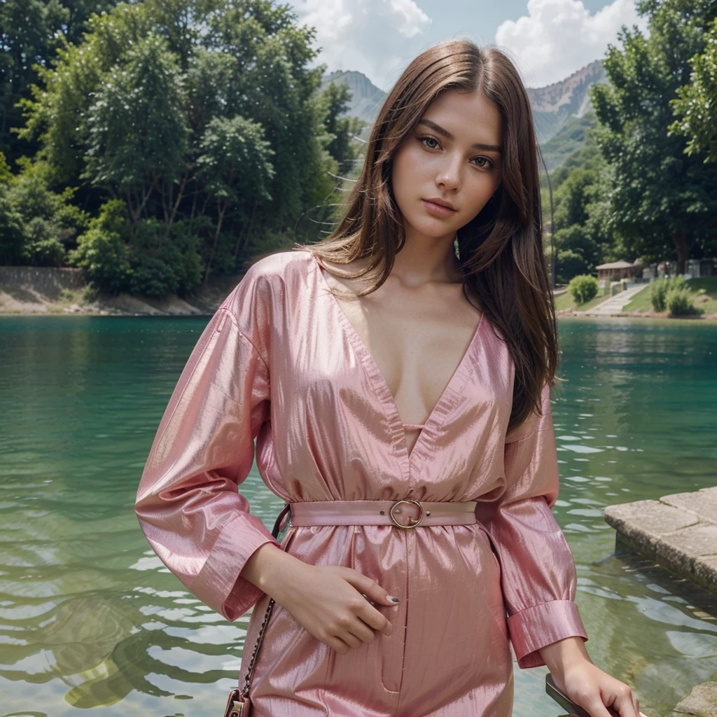 Generate me one of the most beautiful women in the world ,with a beautiful long haircut ,a very original and very detailed face, a magnificent pink outfit from the Prada brand as well as magnificent Prada jewelry all in a lake background