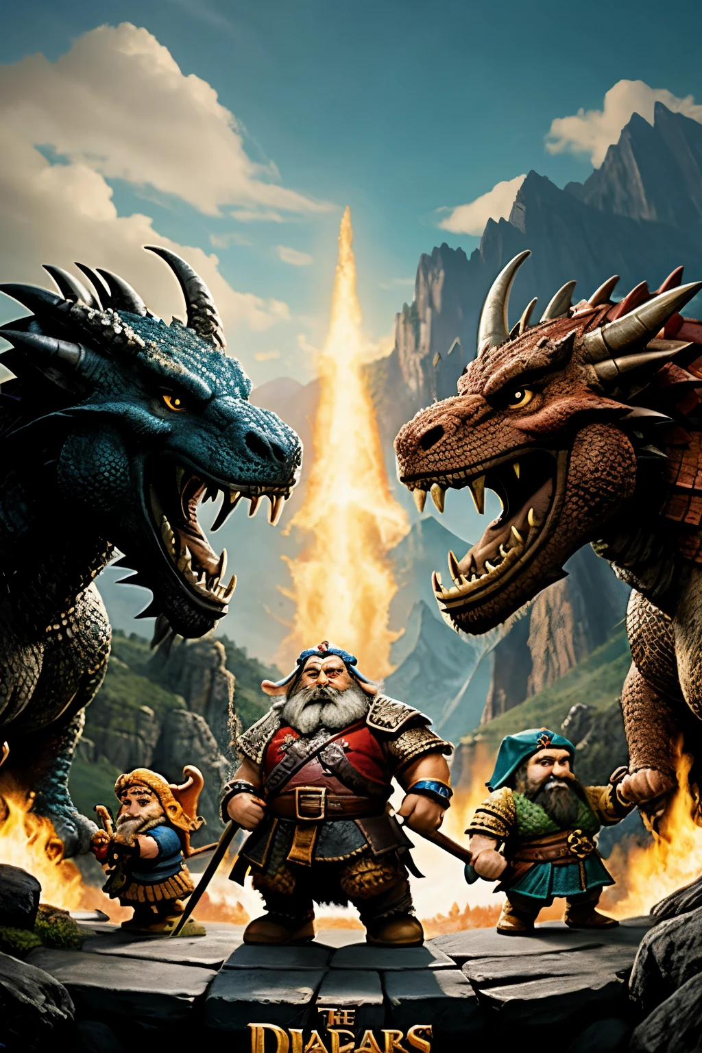 **Title: Clash of the Realms: Dragons vs. Dwarfs**

**[INTRO – Upbeat Fantasy Music]**

**[Scene opens on a breathtaking landscape: towering mountains, lush valleys, and dark caves. The sun sets, casting a golden hue over everything.]**

**NARRATOR (V.O.)**  
In a realm where fire breathes and courage stands tall, two ancient civilizations prepare for an epic clash—the mighty dragons and the resilient dwarfs.  

**[CUT to a dragon's lair where a fierce DRAGON, scales glistening like precious gems, is seen sharpening its claws.]**

**DRAGON (growls)**  
The dwarfs think they can claim our mountains. They shall learn the true meaning of fire and fury! 

**[CUT to the dwarfs in their underground fortress, the sounds of hammering and clanging echo through the stone halls. A sturdy DWARF CHIEF stands before his people.]**

**DWARF CHIEF**  
Listen up, brothers and sisters! The dragons believe they own these mountains and skies. Tonight, we take back what is ours! 

**[EXT. STONE BRIDGE - Dwarfs armed with axes and shields march firmly across a stone bridge leading to the mountain.]**

**NARRATOR (V.O.)**  
With axes in hand and hearts full of determination, the dwarfs advance, ready to reclaim their territory from the fire-breathing beasts above. 

**[CUT to DRAGON soaring through the sky, casting a dark shadow over the dwarfs.]**

**DRAGON (laughs)**  
Foolish mortals! Do they not know that the sky is mine? 

**[DRAGON breathes fire, scorching the ground as the dwarfs duck for cover. Some dwarfs scramble to set up crossbows.]**

**DWARF CROSSBOWMAN**  
Ready! Aim! Fire! 

**[Dwarfs release a volley of bolts into the sky.]**

**[Some COMICAL DRAGON ACCOMPLICES fly overhead, trying to catch the bolts and failing hilariously.]**

**NARRATOR (V.O.)**  
With wit and ingenuity, the dwarfs fight back against the aerial might of the dragons.

**[CUT to a tense moment where a dragon and a dwarf make eye contact.]**

**DRAGON**  
You cannot win! We are the guardians of the skies!