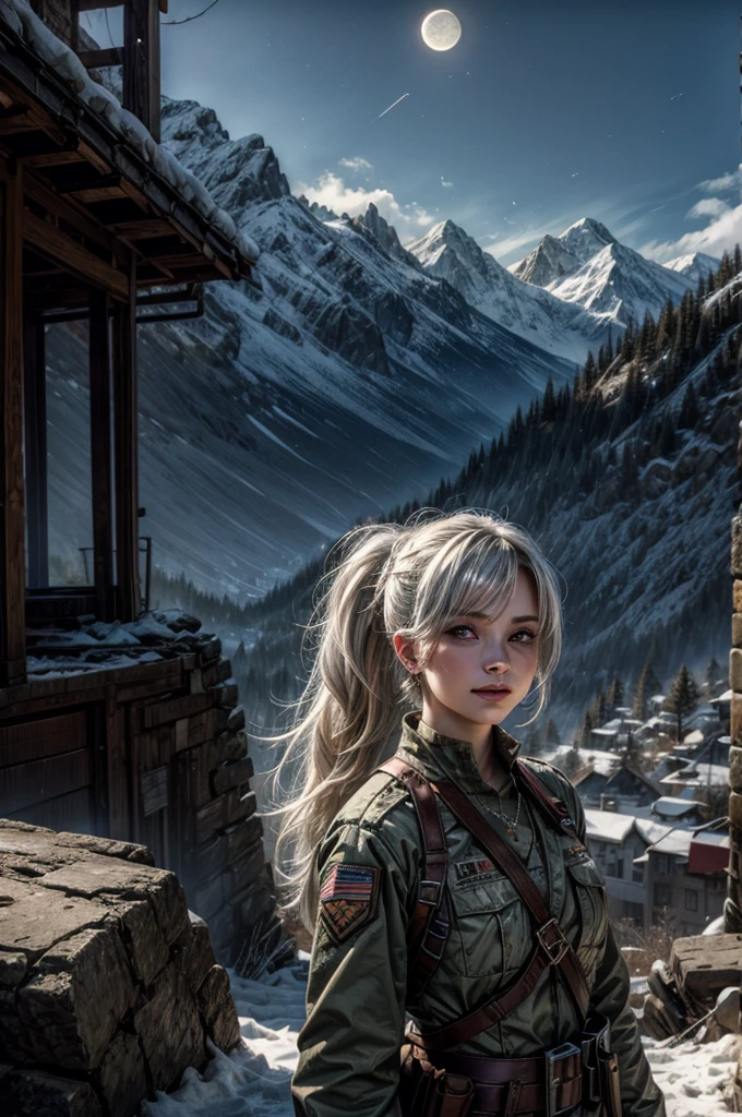 (masterpiece, best quality:1.2), cowboy shot, weissvale, smile, closed mouth, looking at viewer, long white hair, side ponytail, scar above eye, scar below eye, white military dress, jewelry, necklace, earrings, standing with army in city ruins on hill, overlooking valley, BREAK night, stars, moon, snow, BREAK mountains in background, waterfall, vehicle wreck, army searching with rifles, (army in military uniform), bonfires, post-apocalypse, dystopian future,