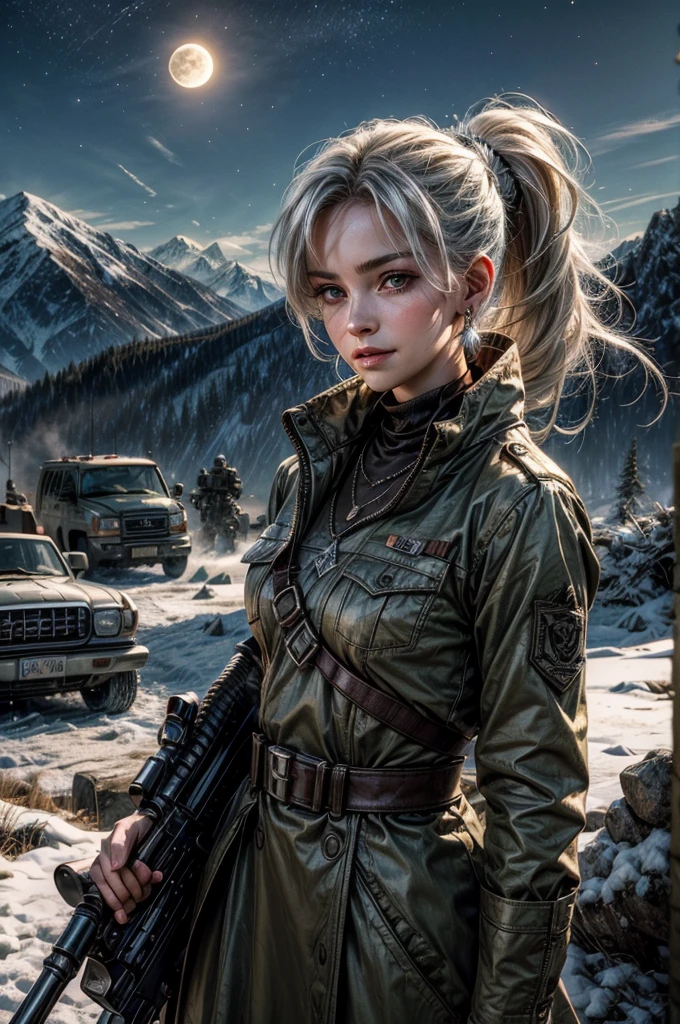 (masterpiece, best quality:1.2), cowboy shot, weissvale, smile, closed mouth,  looking at viewer, long white hair, side ponytail, scar above eye, scar below eye, white military dress,  jewelry, necklace, earrings, standing with army in city ruins on hill, overlooking valley, BREAK night, stars, moon, snow, BREAK mountains in background, waterfall, vehicle wreck, army searching with rifles, (army in military uniform), bonfires, post-apocalypse, dystopian future, 