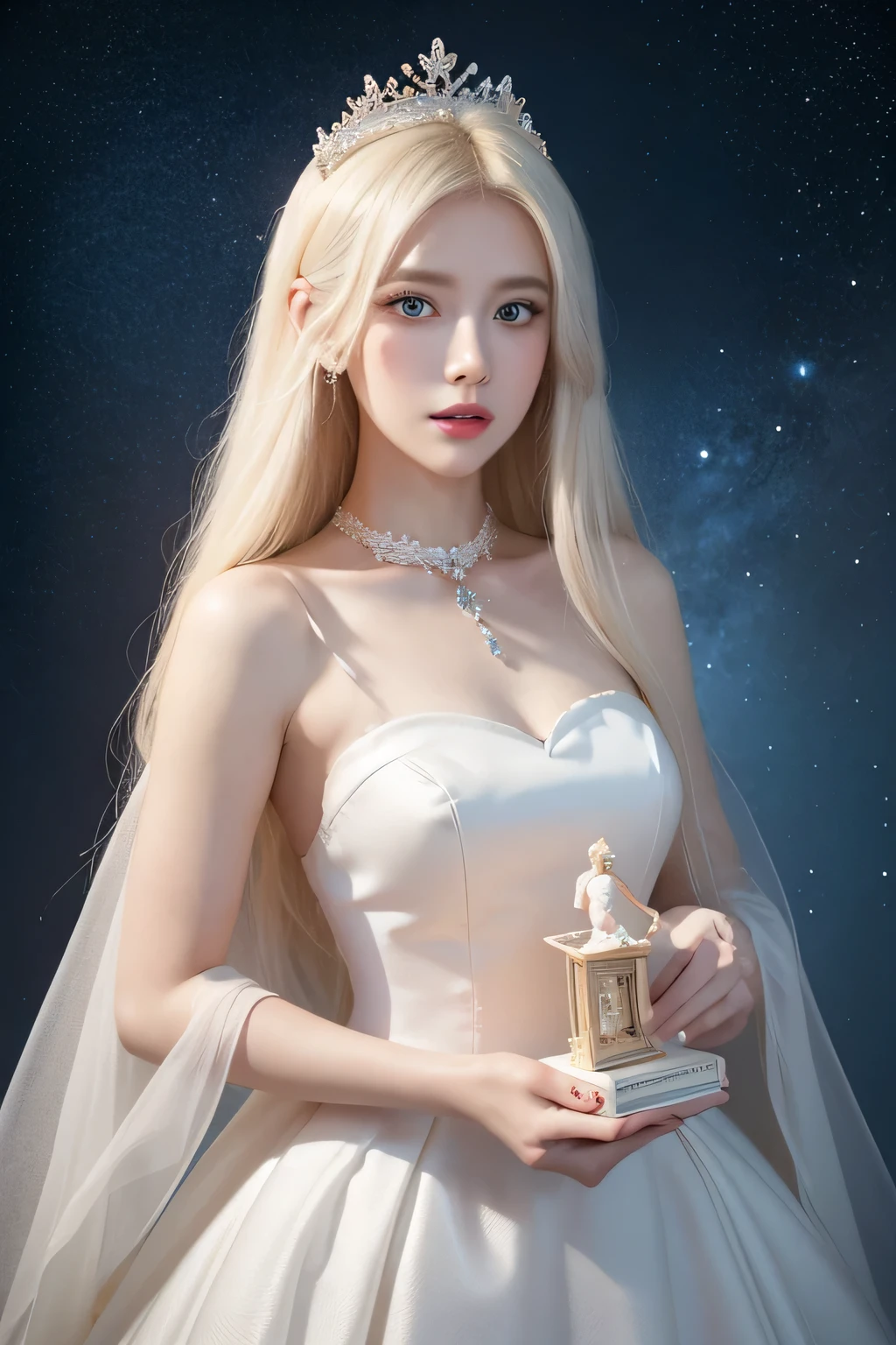 There was a woman in a white dress holding a music box, artwork in the style of Gu Weiss, Gu Weiss on pixiv artstation, Gu Weiss on artstation pixiv, Gu Weiss, Fantasy art style, Gu Weiss masterpiece, Beautiful and elegant queen, Beautiful character painting, Detailed digital anime art, Blonde Princess, White hair, Sky blue eyes, Pink lips