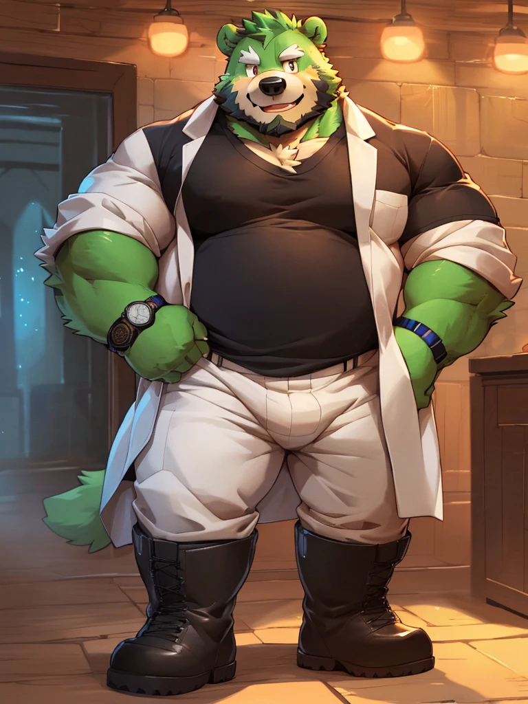 anthro, kemono, male, solo, ((round face, very plump face, thick beard)), (((dark beard))), ((endomorph body type, old-aged, mature)), ((green bear, bear) fluffy fur, fluffy), (high quality, highres, masterpiece), (dynamic lighting, vivid color), (generous smile), (face focus), front view (close up), cartoon, (((green bear))), (((green fur))), green hair, beard, white eyebrows, bald, red eyes, tall, (((black t-shirt inside, white long coat unhood, gray trousers, boots))) by zixiong, by takemoto arashi, by zixiong, (by null-ghost:0.8), (by t.y.stars:0.4), black necktie， solo， fatness，The shirt， 1boy， white  shirt， The upper part of the body， malefocus， collared shir， trouser， Looks to the side， Harnes， chest muscle， Sleeves rolled up， Wrist watch， Wrist watch， sbeard， Yellow eyes， Detailed eyes