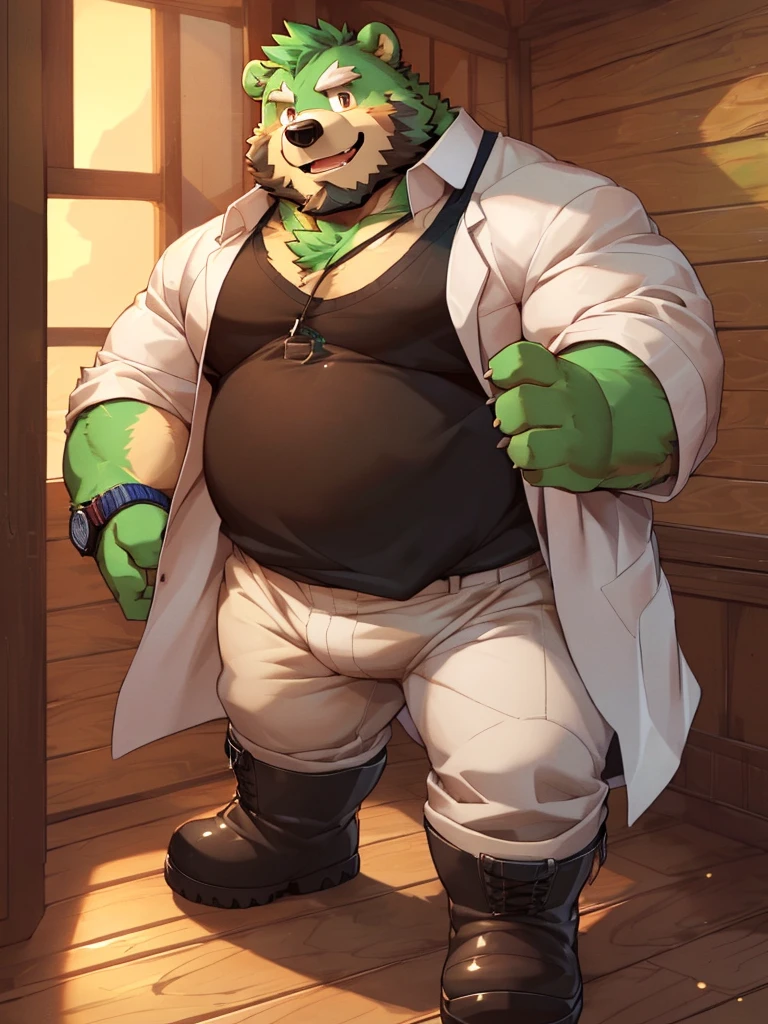 anthro, kemono, male, solo, ((round face, very plump face, thick beard)), (((dark beard))), ((endomorph body type, old-aged, mature)), ((green bear, bear) fluffy fur, fluffy), (high quality, highres, masterpiece), (dynamic lighting, vivid color), (generous smile), (face focus), front view (close up), cartoon, (((green bear))), (((green fur))), green hair, beard, white eyebrows, bald, red eyes, tall, (((black t-shirt inside, white long coat unhood, gray trousers, boots))) by zixiong, by takemoto arashi, by zixiong, (by null-ghost:0.8), (by t.y.stars:0.4), black necktie， solo， fatness，The shirt， 1boy， white  shirt， The upper part of the body， malefocus， collared shir， trouser， Looks to the side， Harnes， chest muscle， Sleeves rolled up， Wrist watch， Wrist watch， sbeard， Yellow eyes， Detailed eyes