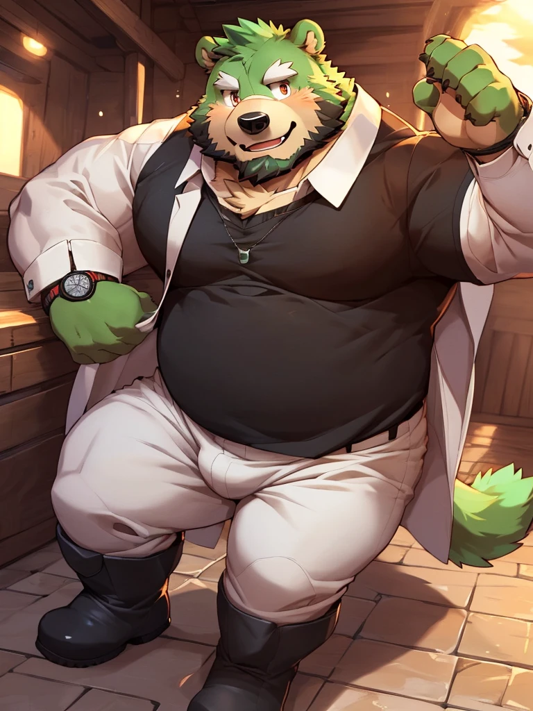 anthro, kemono, male, solo, ((round face, very plump face, thick beard)), (((dark beard))), ((endomorph body type, old-aged, mature)), ((green bear, bear) fluffy fur, fluffy), (high quality, highres, masterpiece), (dynamic lighting, vivid color), (generous smile), (face focus), front view (close up), cartoon, (((green bear))), (((green fur))), green hair, beard, white eyebrows, bald, red eyes, tall, (((black t-shirt inside, white long coat unhood, gray trousers, boots))) by zixiong, by takemoto arashi, by zixiong, (by null-ghost:0.8), (by t.y.stars:0.4), black necktie， solo， fatness，The shirt， 1boy， white  shirt， The upper part of the body， malefocus， collared shir， trouser， Looks to the side， Harnes， chest muscle， Sleeves rolled up， Wrist watch， Wrist watch， sbeard， Yellow eyes， Detailed eyes