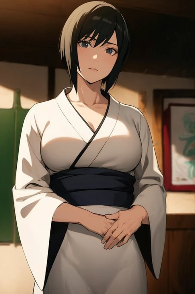 Shizune from Naruto fair slender women average height and slender build with very large that are exposed through her lose clothes onyx eyes and jet-black hair; her hair is straight shirt reaching only her neck with bangs that cover her ears and frame her face, wearing long bluish-black kimono with white trimmings, held closed by a white obi, and open-toed sandals with low heels. And great thighs