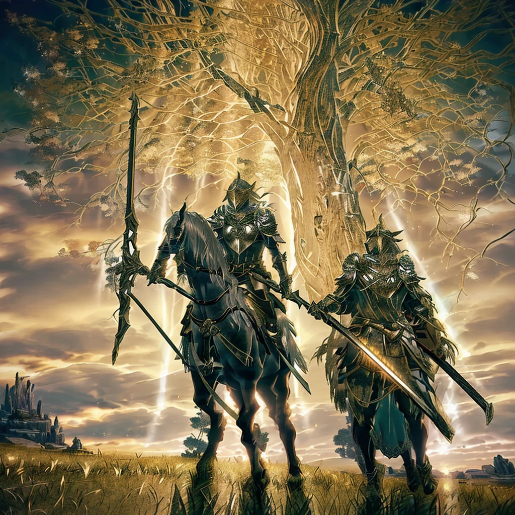 In a realm of breathtaking beauty, a knight on horseback stands still, sword in hand, beneath the radiant glow of a golden tree in the Lands Between. Describe this scene, capturing the ethereal light and the majesty of Elden Ring’s landscape、The golden tree is very thick and very big