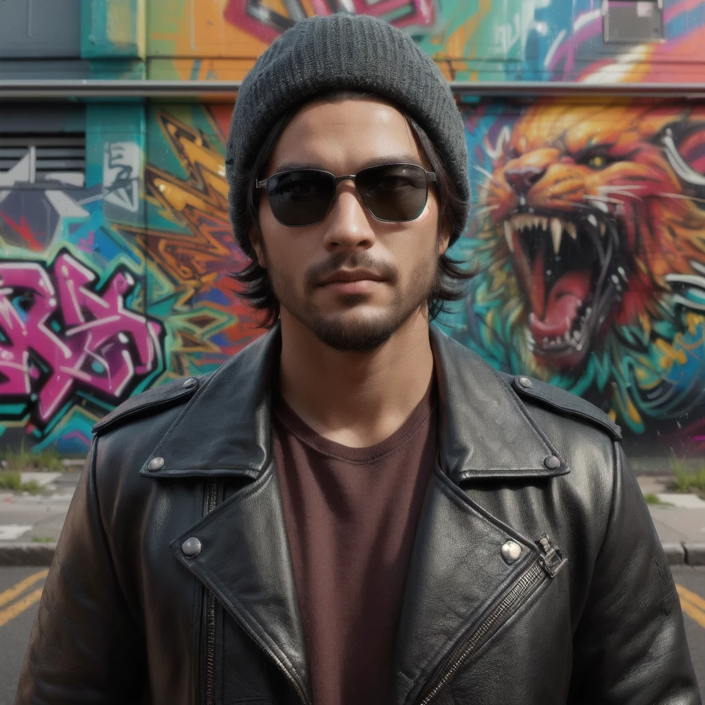 arafed man in a leather jacket and hat standing in front of a graffiti wall, hyperrealism artstyle, cyberpunk street goon, hyper-realistic cyberpunk style, cyberpunk art ultrarealistic 8k, cyberpunk style ， hyperrealistic, nft portrait, photorealistic artstyle, highly detailed vfx portrait, street art 8 k, realistic digital painting, cinematic realistic portrait