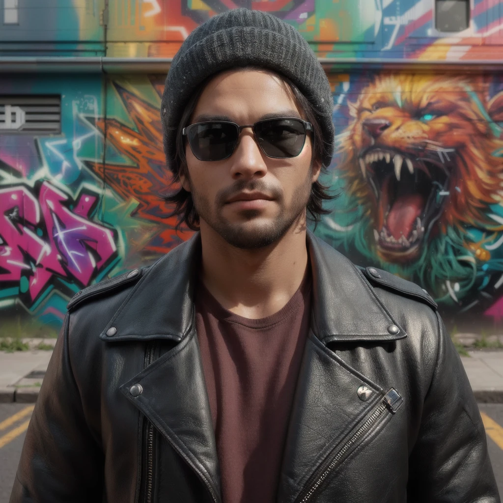 arafed man in a leather jacket and hat standing in front of a graffiti wall, hyperrealism artstyle, cyberpunk street goon, hyper-realistic cyberpunk style, cyberpunk art ultrarealistic 8k, cyberpunk style ， hyperrealistic, nft portrait, photorealistic artstyle, highly detailed vfx portrait, street art 8 k, realistic digital painting, cinematic realistic portrait