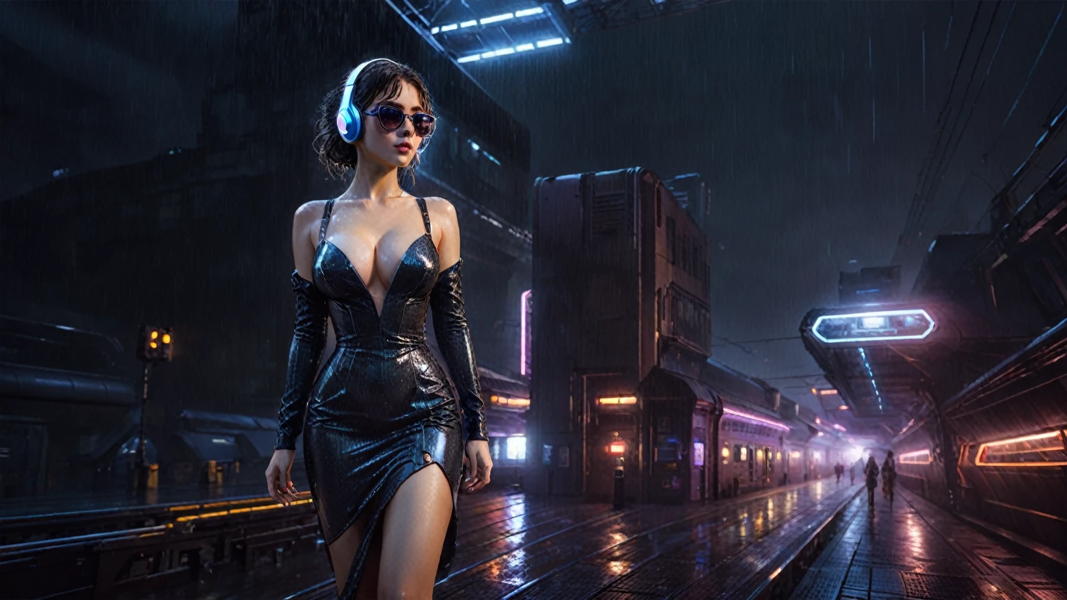 (((aerial view))), Blade Runner style futuristic railway platform, hi-tech train, neon lights, rainy night. (1girl, solo, alone), large-breast:1.2 slim body, cleavage:1.1, sexy wind blowing wet dress:1.4, headphone, (micro:0.8 black sunglasses), (((she raised a pistol:1.8 and shot:1.8 the viewer))), dynamic pose, (((half-body thigh level medium shot))), cinematic lighting, lens flare, ray tracing, zoom-in blurred:1.4 background.
