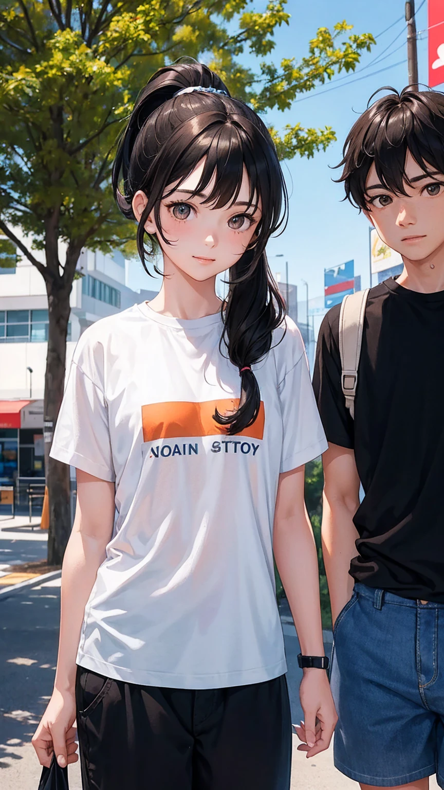 Young man with brown hair and brown eyes and orange t-shirt, along with a girl with black hair, brown eyes and white clothes with a blue dress