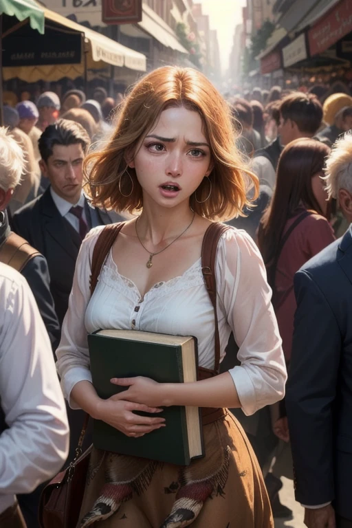 A women, poor, pheasant, Bible era, in crowded market, moving through crowd, all crowd is demons, 4k realistic anime style , real face, detailed expression scared, dynamic , she is cradling an , she is guarded by God rays ,