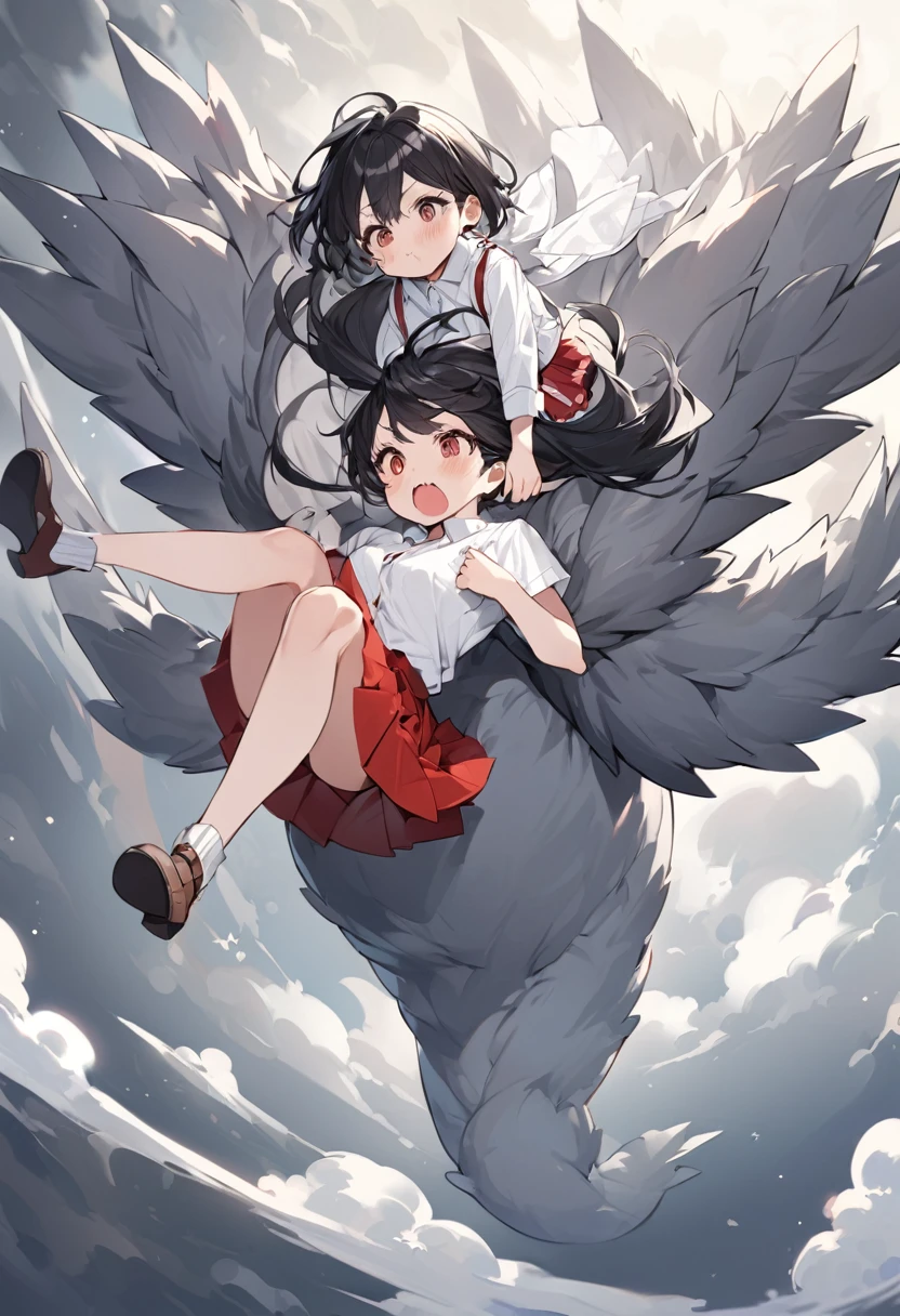 Very detailed、whole body、Short black hair、Wear a white button-up shirt、Wear a red pleated skirt、A fluffy, grey monster with a big mouth who flies through the air on a top.、Woman clinging to a monster