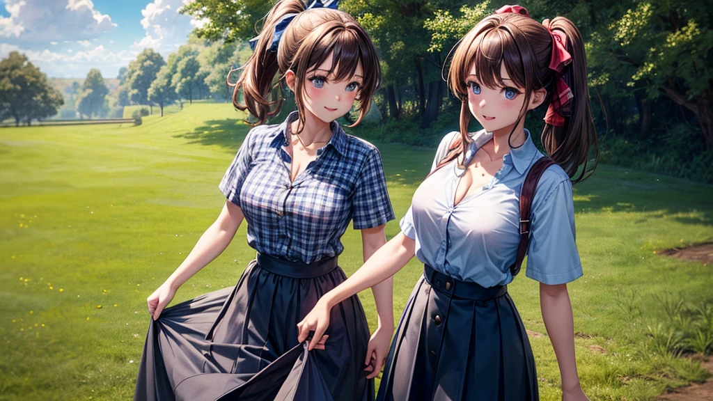 2girls, full body, rural landscape, village, trees, sun, clouds, fantasy, brown hair, ponytail, large breasts, ((touching breasts)), button down shirt, ((blue checked shirt)), ((short sleeved shirt)), ((unbuttoned shirt)), unbuttoning buttons, cleavage 1:3, shirt tied under chest, belly, blue eyes, dark skirt, laugh, looking at the viewer, standing, hair ribbon, golden necklate