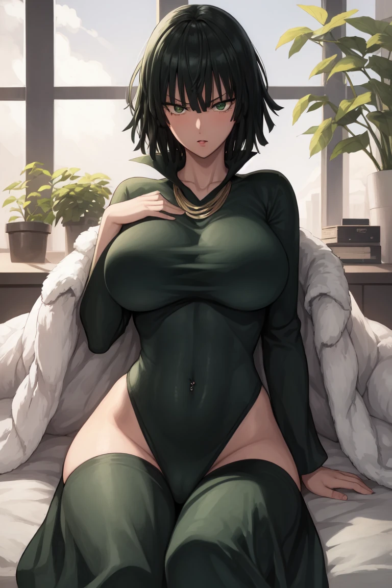 Fubuki from one punch man, is sitting by spreading legs, revealing her green panty, high quality, highly detailed, big breasts, wearing bra and panty, sexy thick body, hot body, 4k, High quality, highly detailed, body propotion, blush, plants and flowers in background, thick body, navel piercing on navel, ((sexy)), ((4k)), ((navel piercing))