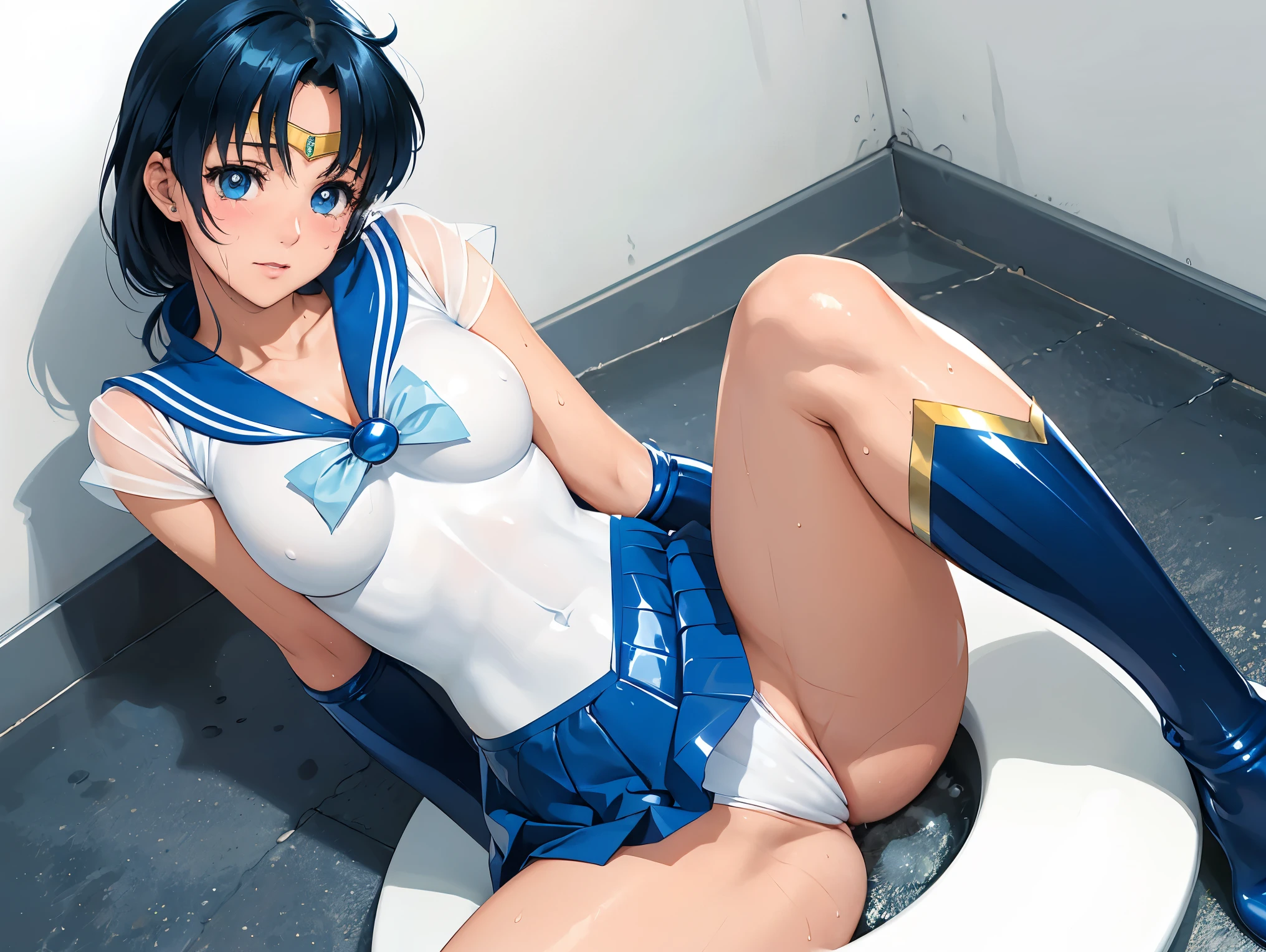 Sailor Mercury Transformation heroine of justice Patent leather white leotard Patent blue boots Wrinkled boots Enamel White Gloves Patent blue mini skirt A clean image Gold decoration Exquisitely decorated costume justice ponytail Semi-long hair hair ornaments A smile of embarrassment Squint your eyes Jockey Boots Push out your hips Spread your legs Poop sitting Full body paint Put your hands on your crotch Armpits are visible Knee-length long boots barefoot The body is covered in . Open your legs Bend your knees Peeing White liquid overflowing from between her legs Sweaty Leotard is wet and skin is visible Soaking in the swamp Soaking wet