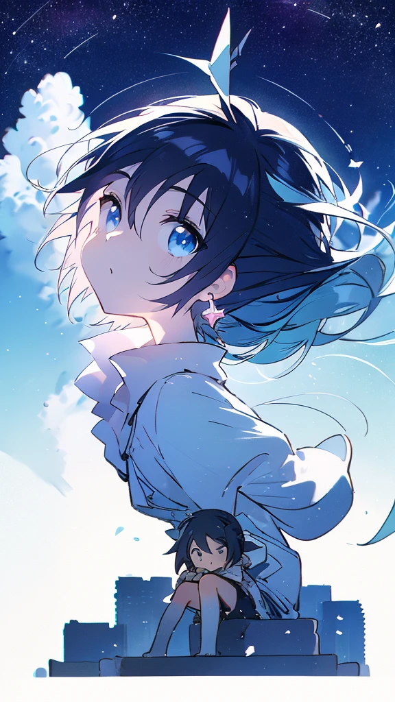 Seven-doppelganger shot，Anime style 4K,High quality anime art style，Standing painting，Splash ink background，Blue Themes、Pure white background,Buildings,Face close-up,Buildings,Moon and sun、Shining Star々,milky way,Bright Sky,Looking at me,Facing forward,Clear eyes and nose,cute,beautiful,Thin legs,sitting by the water, black hair, Blue eyes, girl, bob, front, cute,Blue Background,Long Hair,Whale flying in the blue sky,Buildings,whale,Black Hair