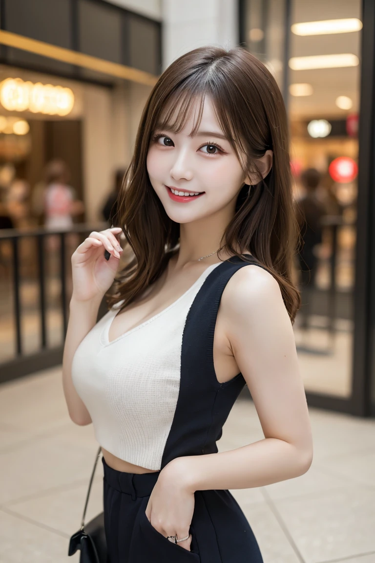 Shopping mall , Highest quality, shape, Very detailed, In detail, High resolution, 8k wallpaper, Perfect dynamic composition, Beautiful details, Natural Lip, Too cute outfit, Big Breasts, , She is smiling in a cute pose.., A masterpiece of the whole body, Side Short
