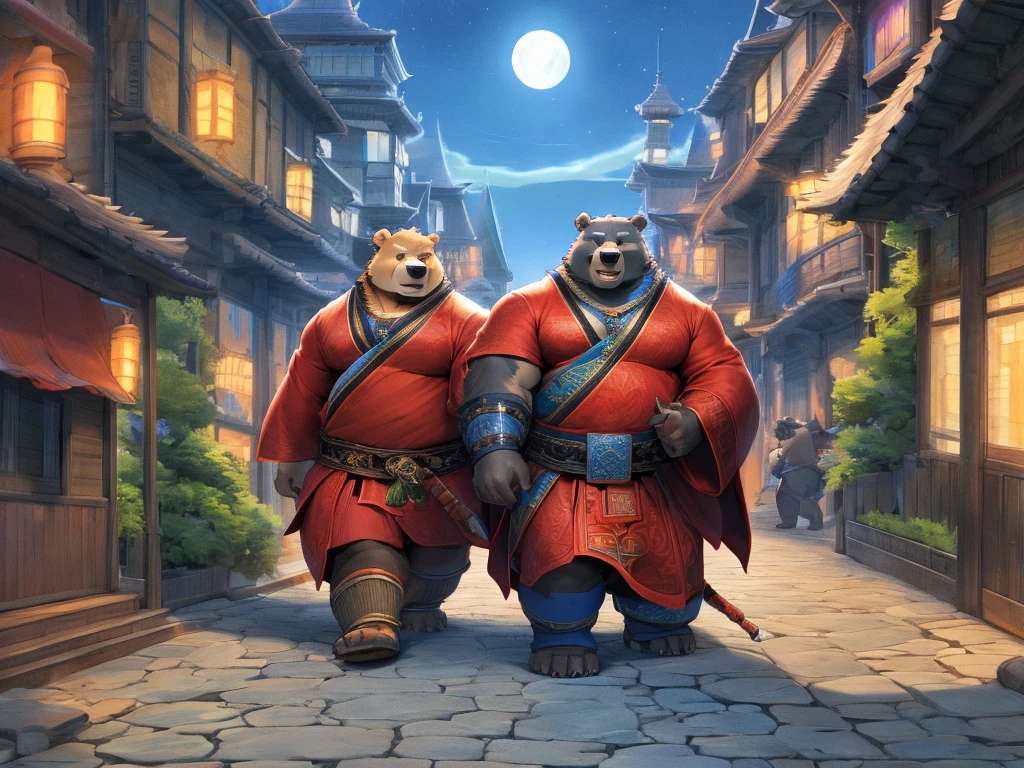 there are two bears standing in the middle of a street, anthropomorphic samurai bear, moon bear samurai, rob rey and kentarõ miura, ross tran and michael whelan, official concept art, rob rey and kentarõ miura style, black bear samurai, rob rey and kentaro miura style, edgar maxence and ross tran