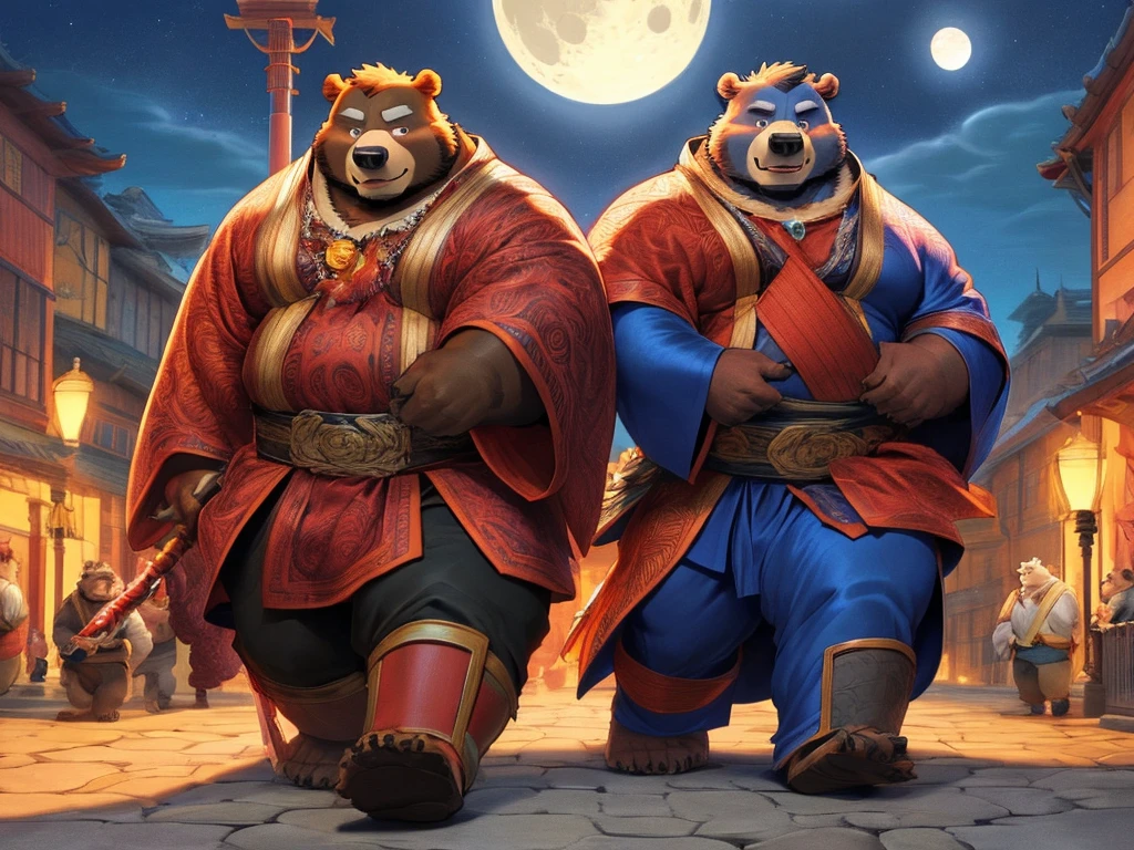 there are two bears standing in the middle of a street, anthropomorphic samurai bear, moon bear samurai, rob rey and kentarõ miura, ross tran and michael whelan, official concept art, rob rey and kentarõ miura style, black bear samurai, rob rey and kentaro miura style, edgar maxence and ross tran